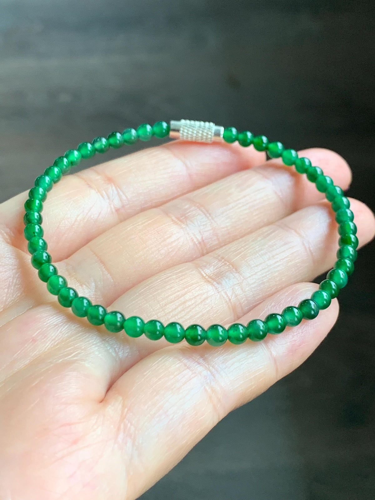 Natural Grade A Guatemalan Icy Translucent Vibrant Green Jade Jadeite Petite Beads Beaded Bracelet 7.25” 3.7mm 4g 天然冰危绿翡翠小卡圆珠手串 WLQ380B