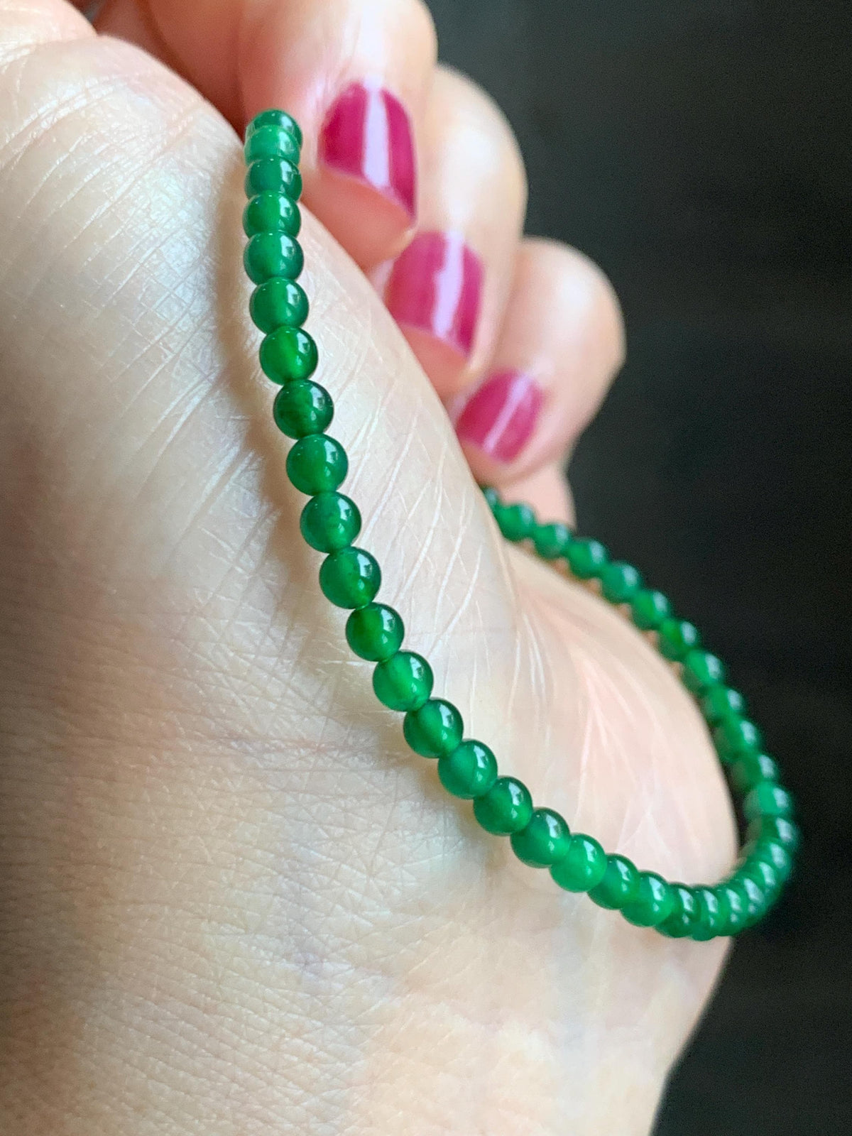 Natural Grade A Guatemalan Icy Translucent Vibrant Green Jade Jadeite Petite Beads Beaded Bracelet 7.25” 3.7mm 4g 天然冰危绿翡翠小卡圆珠手串 WLQ380B