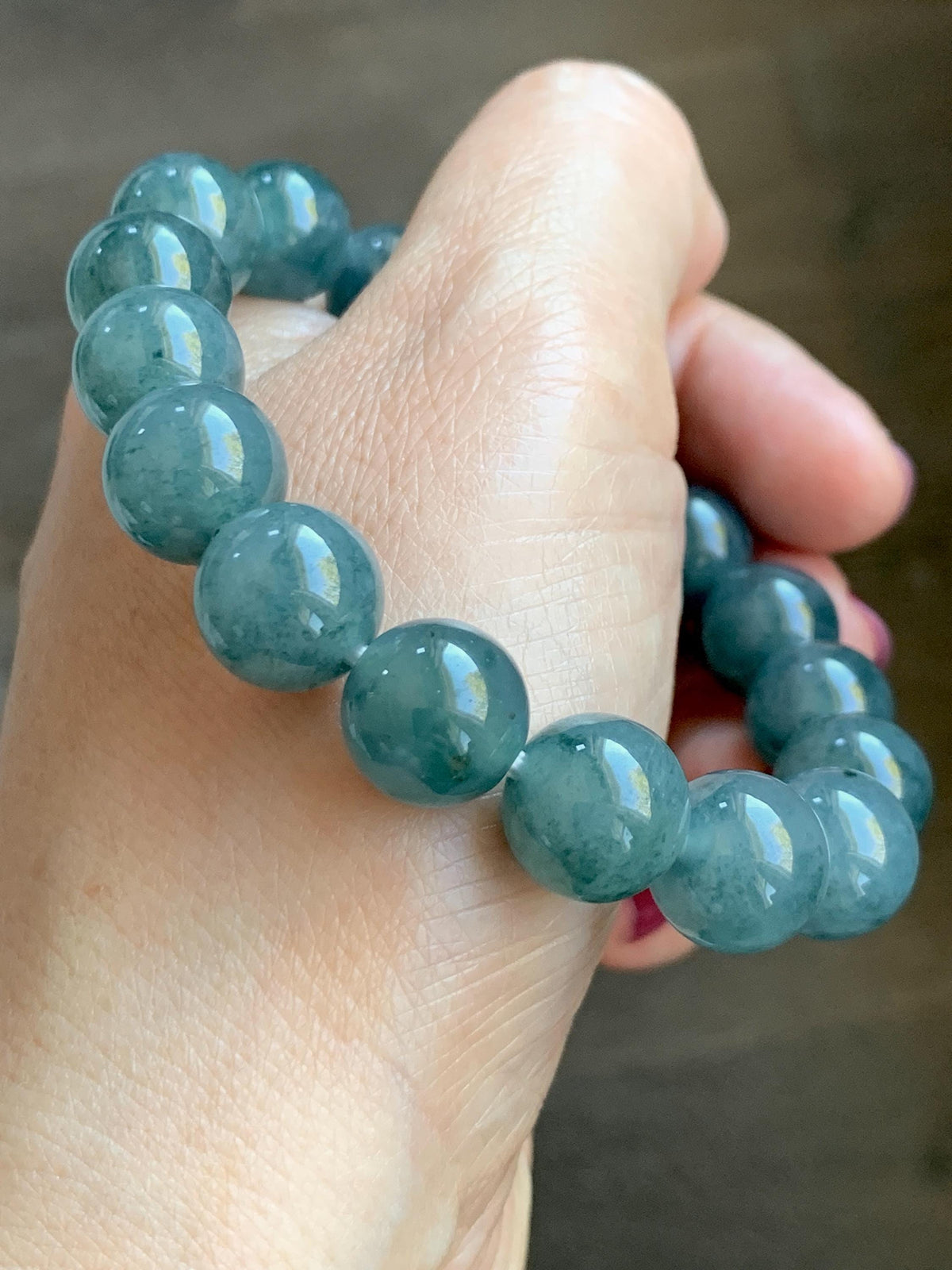 Certified Natural Grade A Guatemalan Icy Highly Translucent Blue Green Marble Jade Jadeite Beaded Bracelet 11.8mm 7.4” 48g 天然冰胶危蓝飘花翡翠手串 973