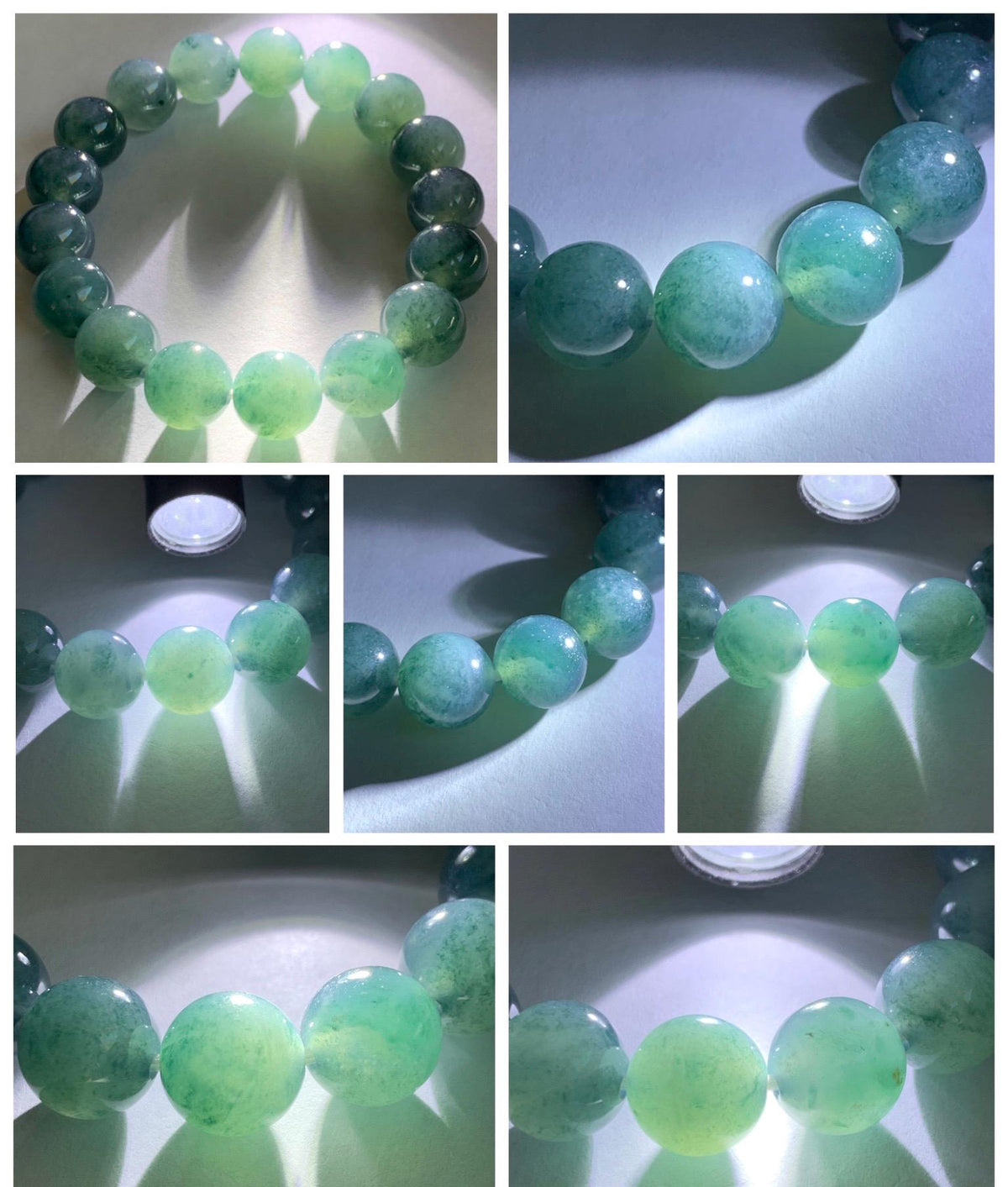 Certified Natural Grade A Guatemalan Icy Highly Translucent Blue Green Marble Jade Jadeite Beaded Bracelet 11.8mm 7.4” 48g 天然冰胶危蓝飘花翡翠手串 973