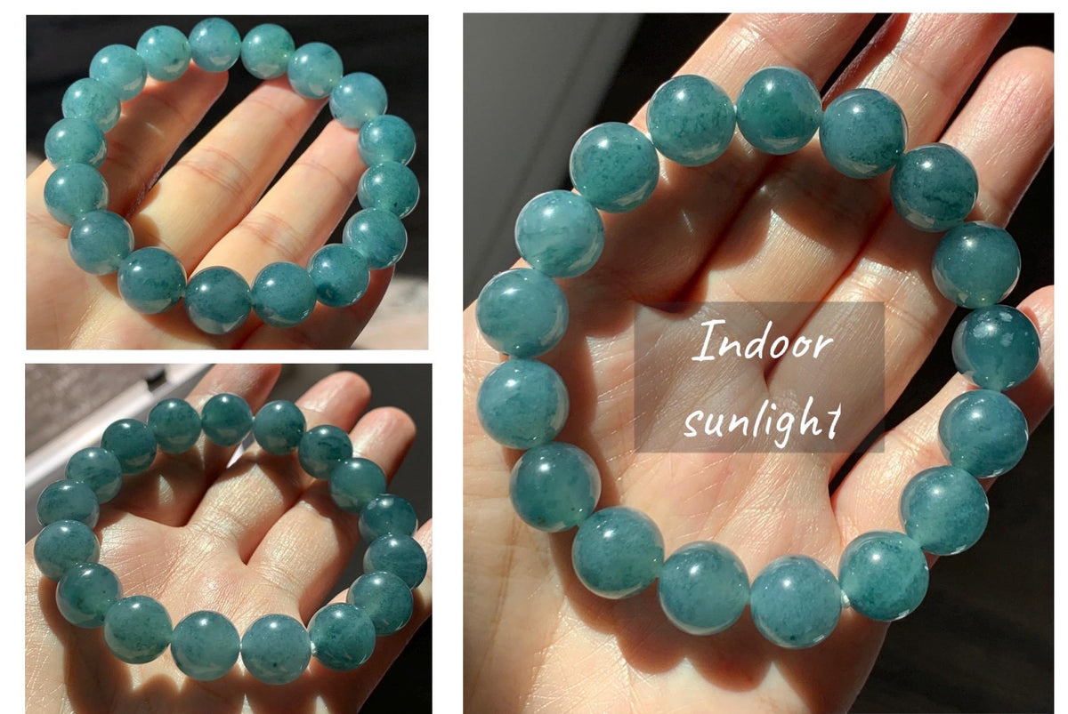 Certified Natural Grade A Guatemalan Icy Highly Translucent Blue Green Marble Jade Jadeite Beaded Bracelet 11.8mm 7.4” 48g 天然冰胶危蓝飘花翡翠手串 973