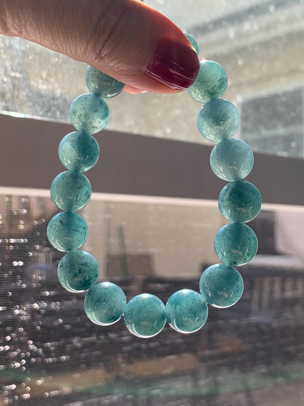Certified Natural Grade A Guatemalan Icy Highly Translucent Blue Green Marble Jade Jadeite Beaded Bracelet 11.8mm 7.4” 48g 天然冰胶危蓝飘花翡翠手串 973