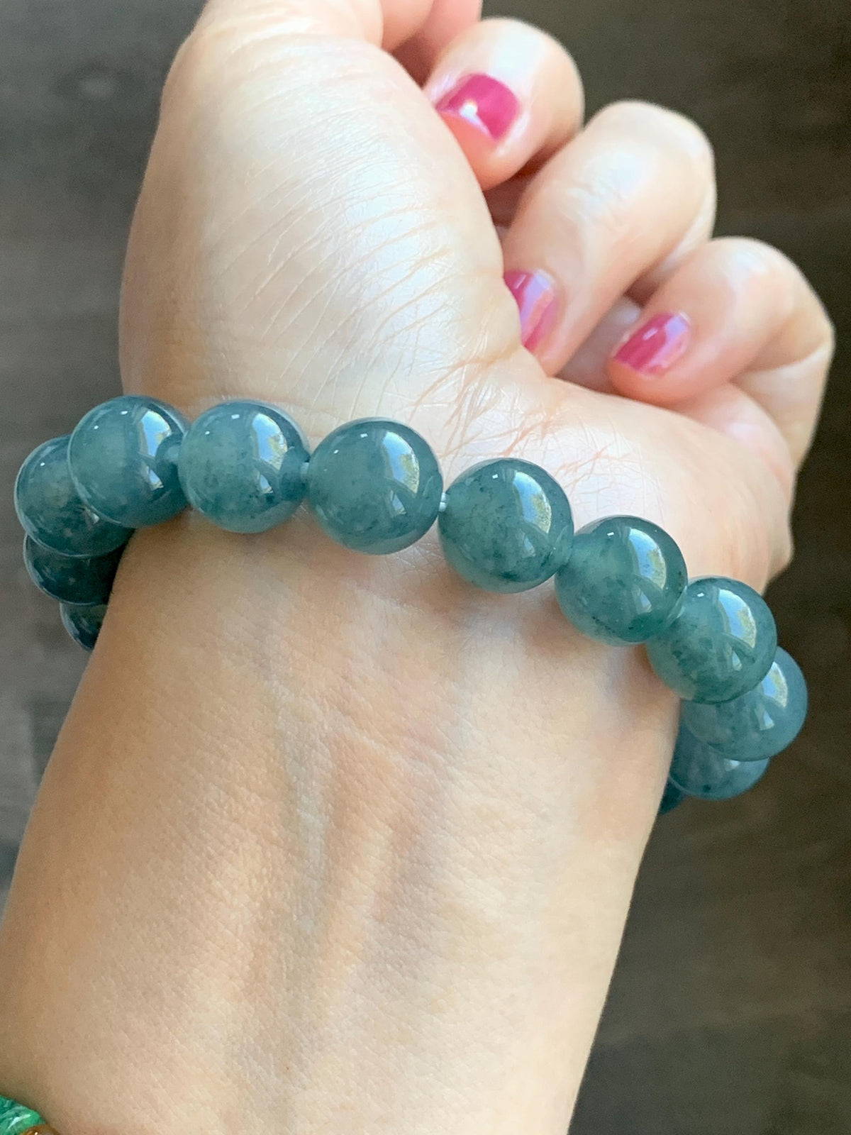 Certified Natural Grade A Guatemalan Icy Highly Translucent Blue Green Marble Jade Jadeite Beaded Bracelet 11.8mm 7.4” 48g 天然冰胶危蓝飘花翡翠手串 973