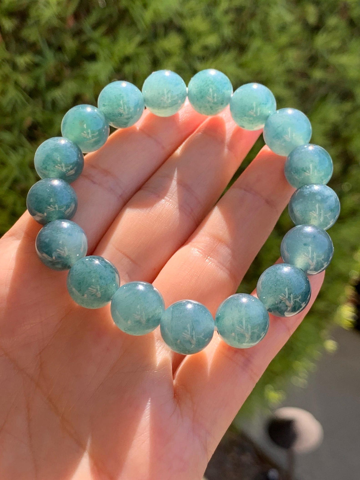 Certified Natural Grade A Guatemalan Icy Highly Translucent Blue Green Marble Jade Jadeite Beaded Bracelet 11.8mm 7.4” 49g 天然冰胶危蓝飘花翡翠手串 972