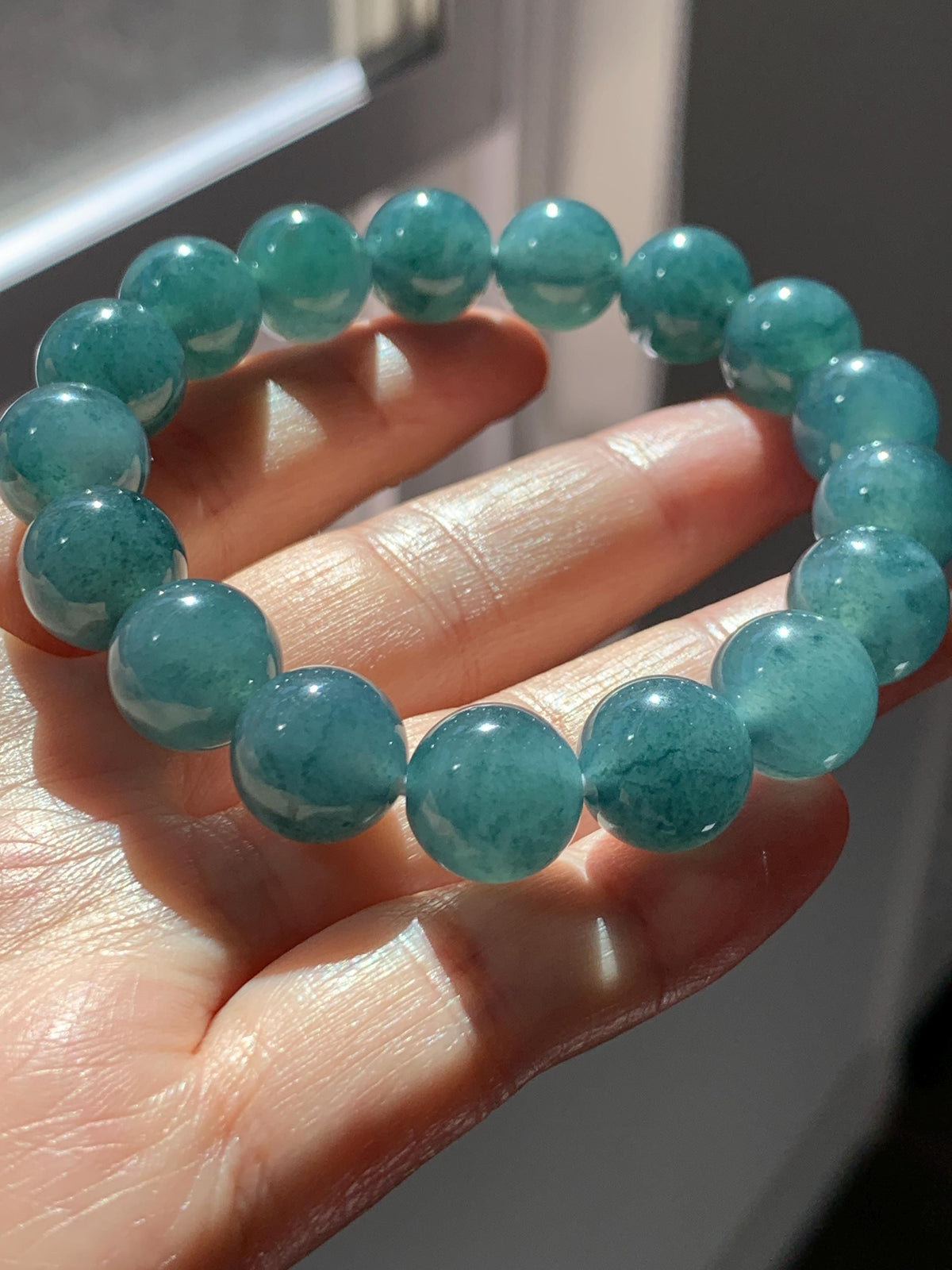 Certified Natural Grade A Guatemalan Icy Highly Translucent Blue Green Marble Jade Jadeite Beaded Bracelet 11.8mm 7.4” 49g 天然冰胶危蓝飘花翡翠手串 972
