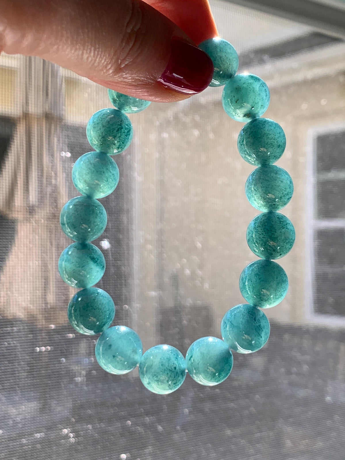 Certified Natural Grade A Guatemalan Icy Highly Translucent Blue Green Marble Jade Jadeite Beaded Bracelet 11.8mm 7.4” 49g 天然冰胶危蓝飘花翡翠手串 972
