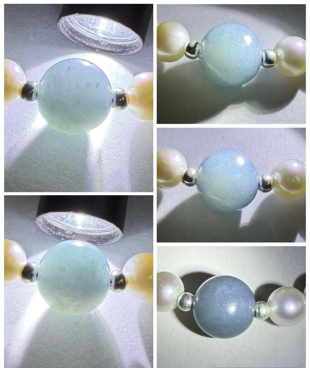 Natural Freshwater All-Nacre Pearls Grade A Icy Purplish Blue Jade Jadeite Beaded Bracelet Sterling Silver 6.75" 天然淡水无核珍珠冰危蓝紫翡翠手串 WLP377