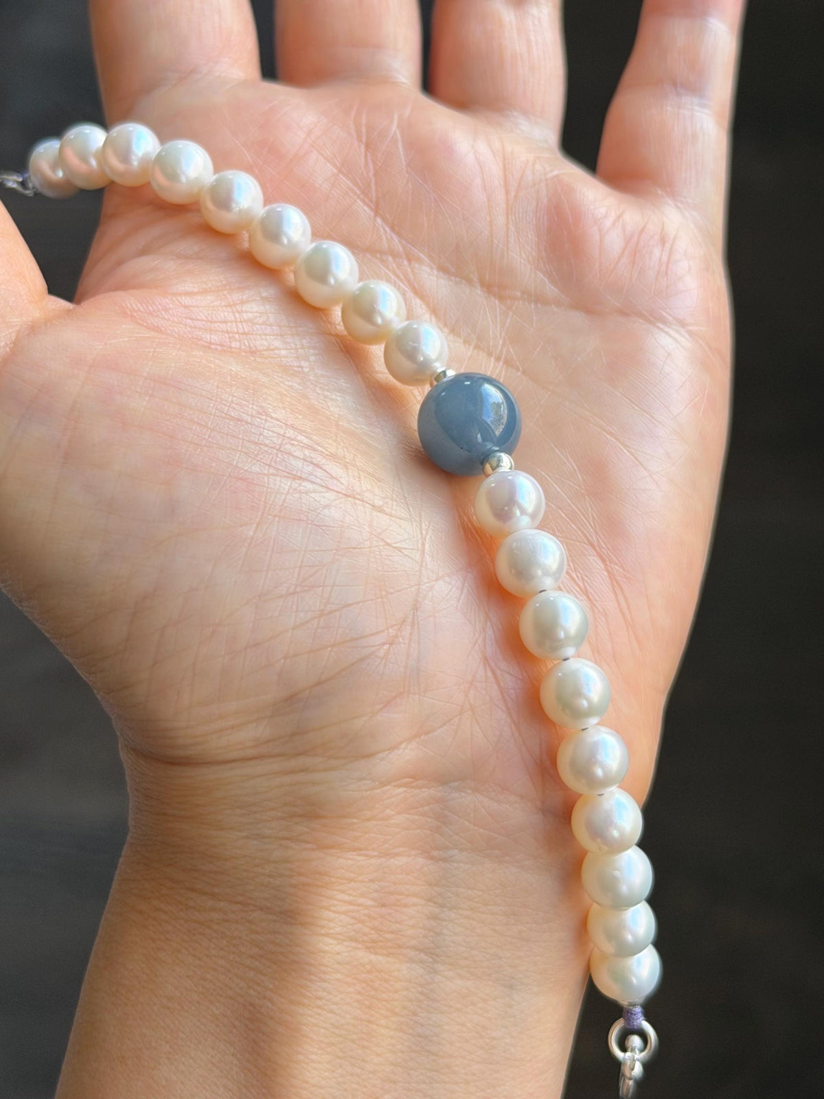 Natural Freshwater All-Nacre Pearls Grade A Icy Purplish Blue Jade Jadeite Beaded Bracelet Sterling Silver 6.75" 天然淡水无核珍珠冰危蓝紫翡翠手串 WLP377