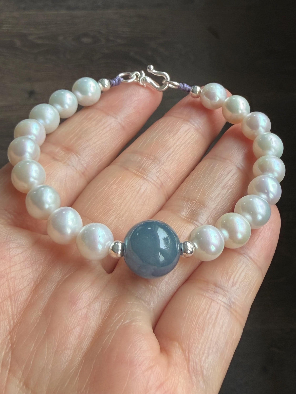 Natural Freshwater All-Nacre Pearls Grade A Icy Purplish Blue Jade Jadeite Beaded Bracelet Sterling Silver 6.75" 天然淡水无核珍珠冰危蓝紫翡翠手串 WLP377