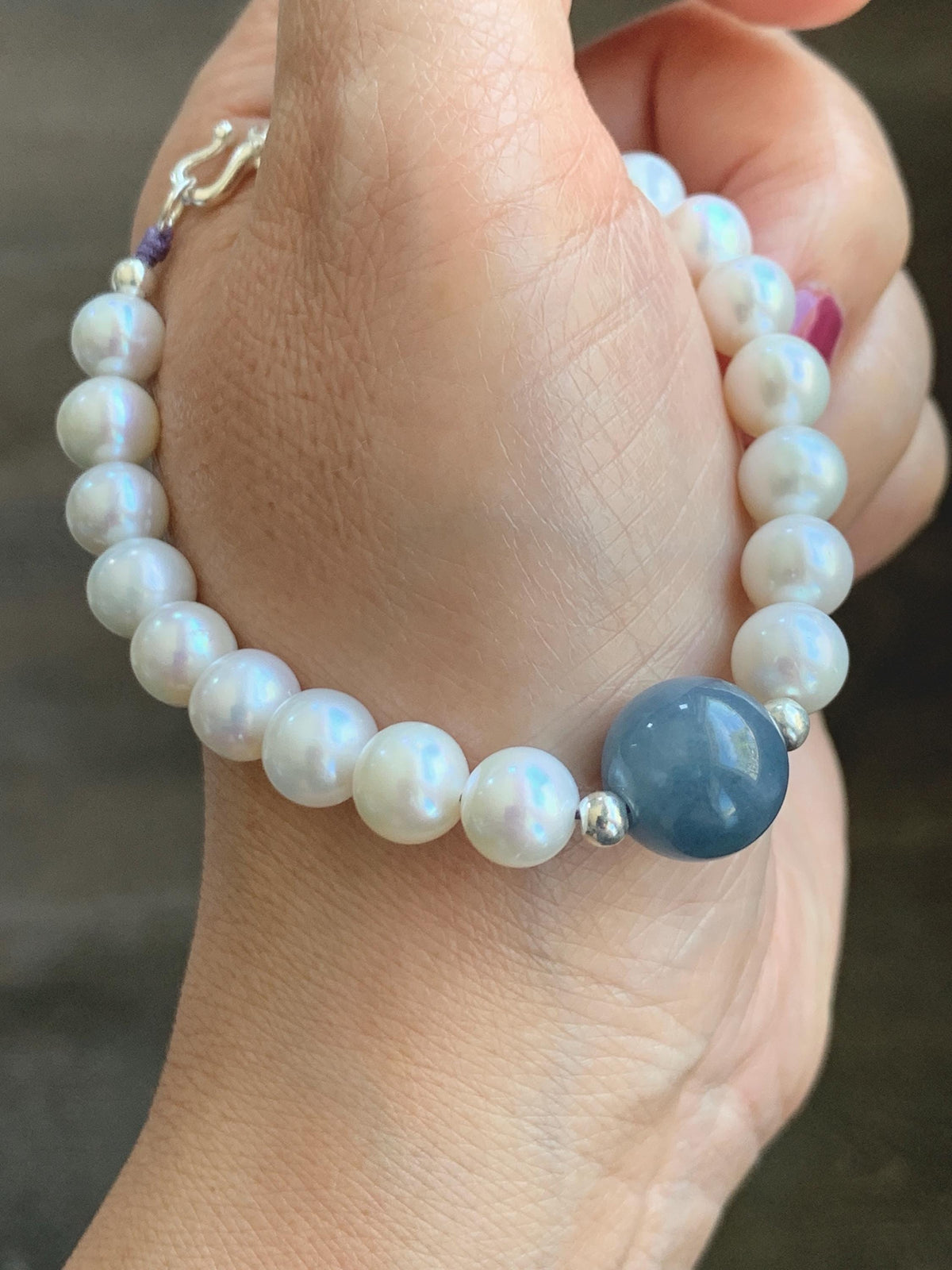 Natural Freshwater All-Nacre Pearls Grade A Icy Purplish Blue Jade Jadeite Beaded Bracelet Sterling Silver 6.75" 天然淡水无核珍珠冰危蓝紫翡翠手串 WLP377