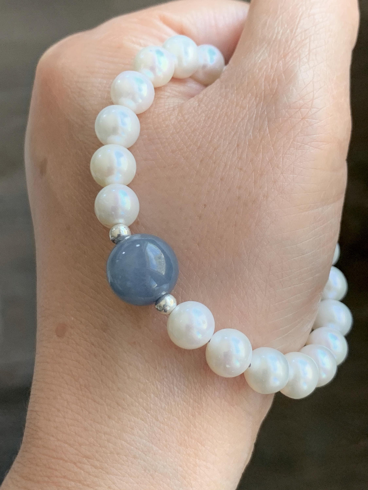 Natural Freshwater All-Nacre Pearls Grade A Icy Purplish Blue Jade Jadeite Beaded Bracelet Sterling Silver 6.75" 天然淡水无核珍珠冰危蓝紫翡翠手串 WLP377