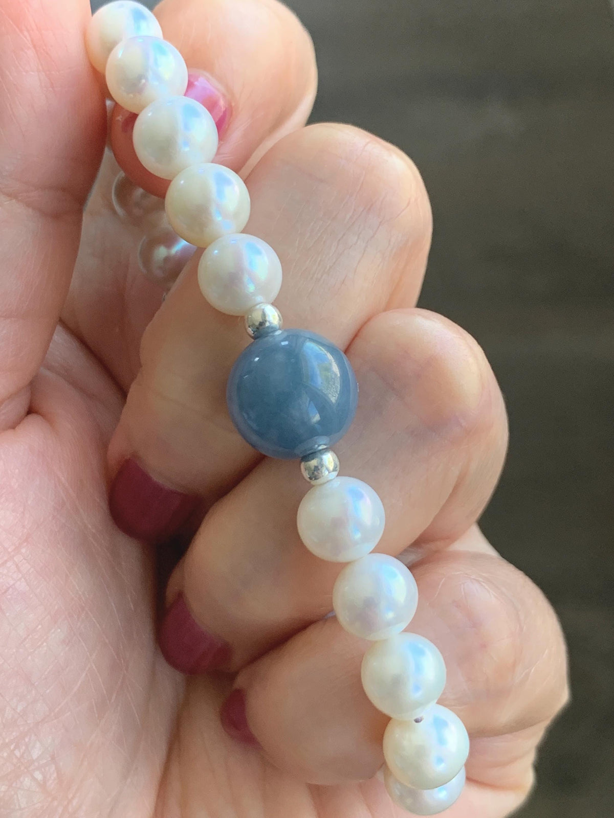 Natural Freshwater All-Nacre Pearls Grade A Icy Purplish Blue Jade Jadeite Beaded Bracelet Sterling Silver 6.75" 天然淡水无核珍珠冰危蓝紫翡翠手串 WLP377