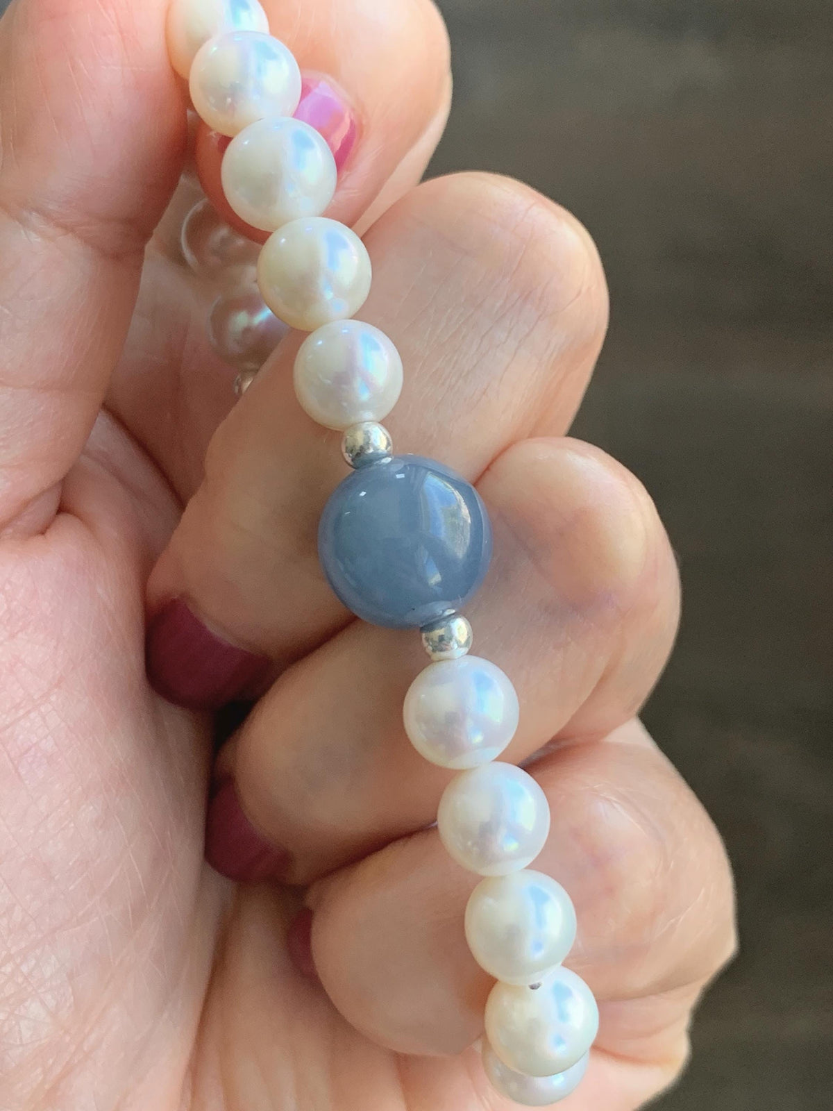 Natural Freshwater All-Nacre Pearls Grade A Icy Purplish Blue Jade Jadeite Beaded Bracelet Sterling Silver 6.75" 天然淡水无核珍珠冰危蓝紫翡翠手串 WLP377