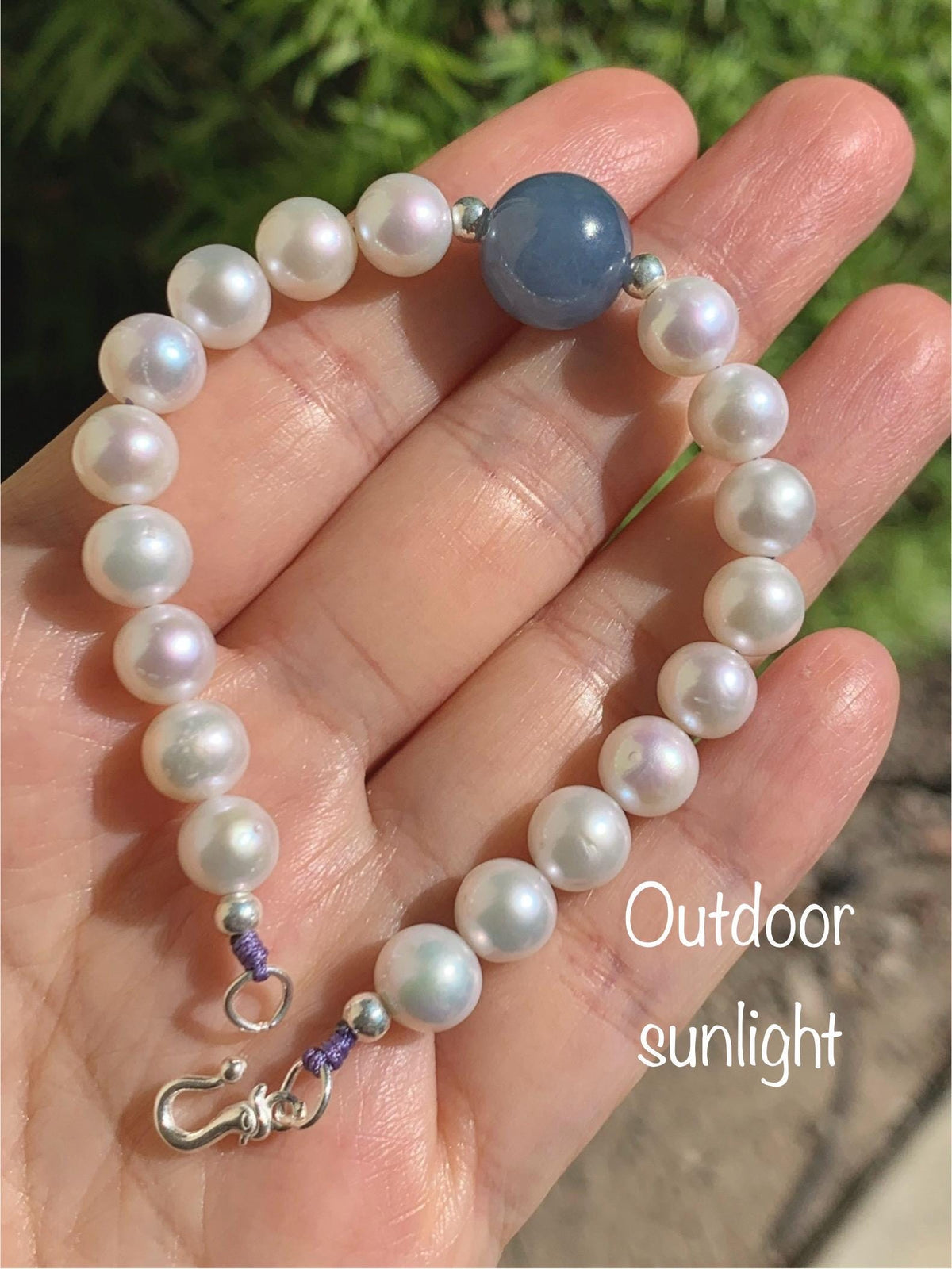 Natural Freshwater All-Nacre Pearls Grade A Icy Purplish Blue Jade Jadeite Beaded Bracelet Sterling Silver 6.75" 天然淡水无核珍珠冰危蓝紫翡翠手串 WLP377