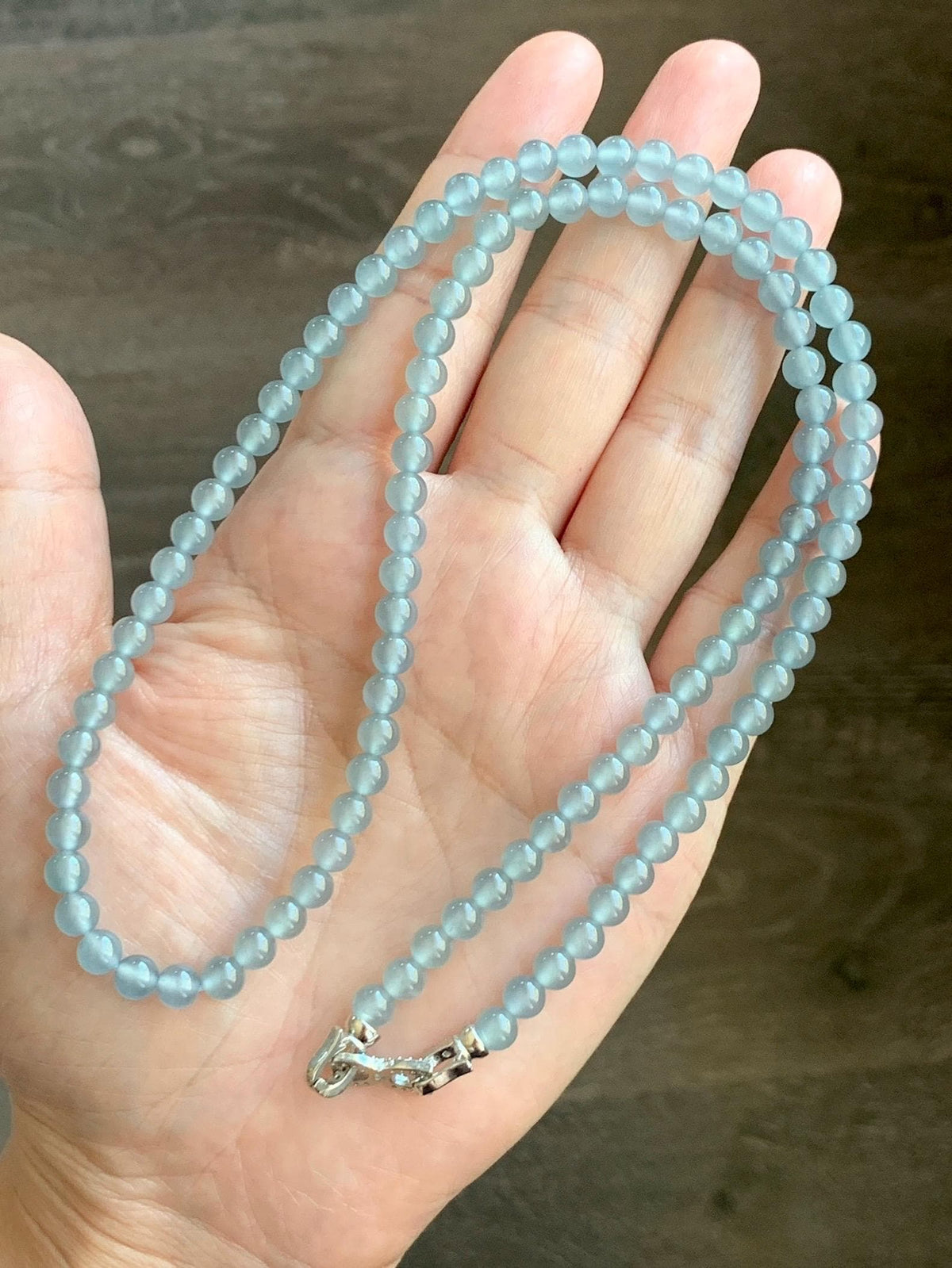 Certified Natural Grade A Guatemalan Premium Icy Pastel Dusty Blue Jade Jadeite Petite Beaded Necklace 5.4mm 22.5” 30g 天然冰胶起光危淡蓝翡翠小圆珠项链 974
