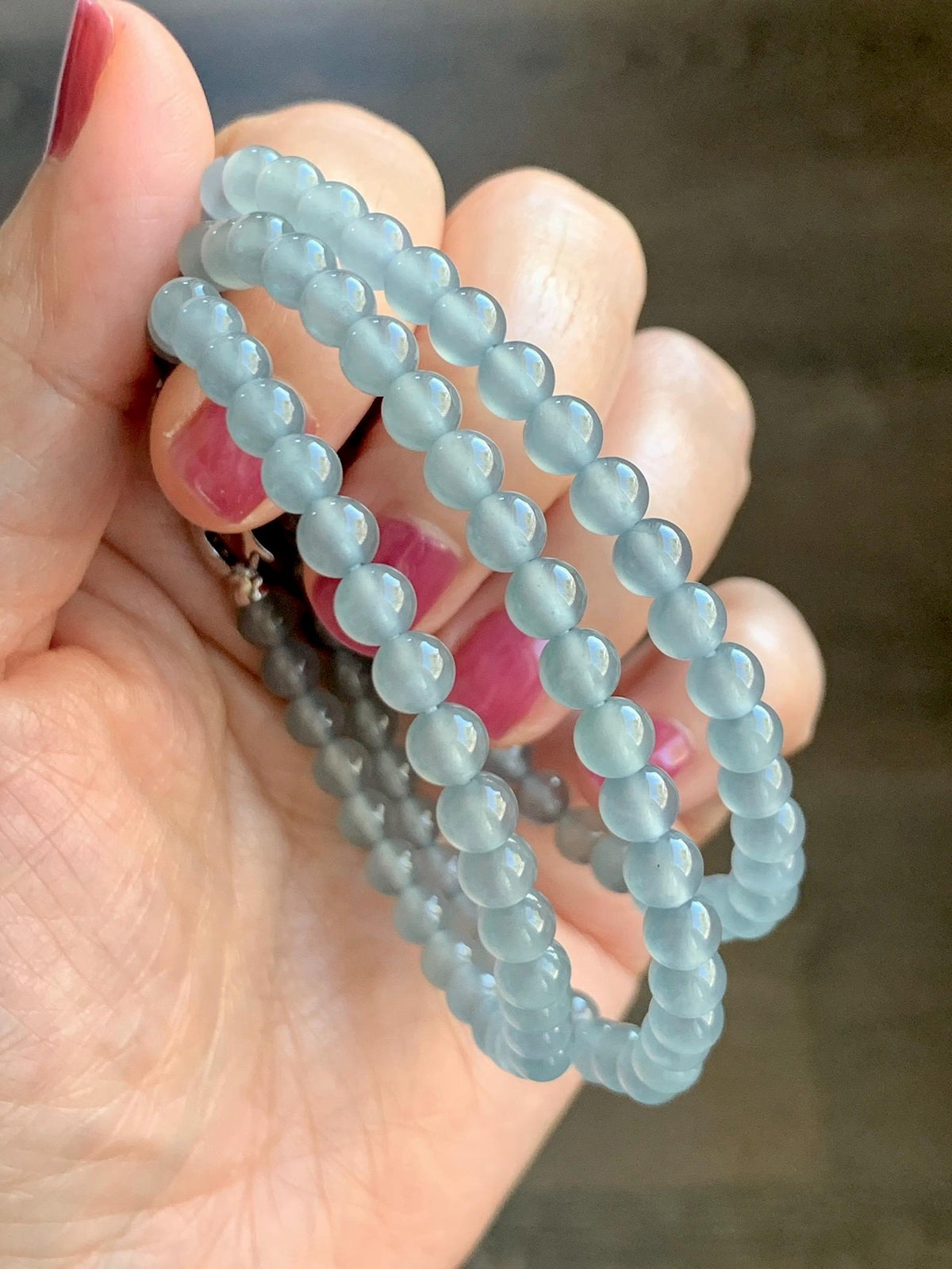 Certified Natural Grade A Guatemalan Premium Icy Pastel Dusty Blue Jade Jadeite Petite Beaded Necklace 5.4mm 22.5” 30g 天然冰胶起光危淡蓝翡翠小圆珠项链 974