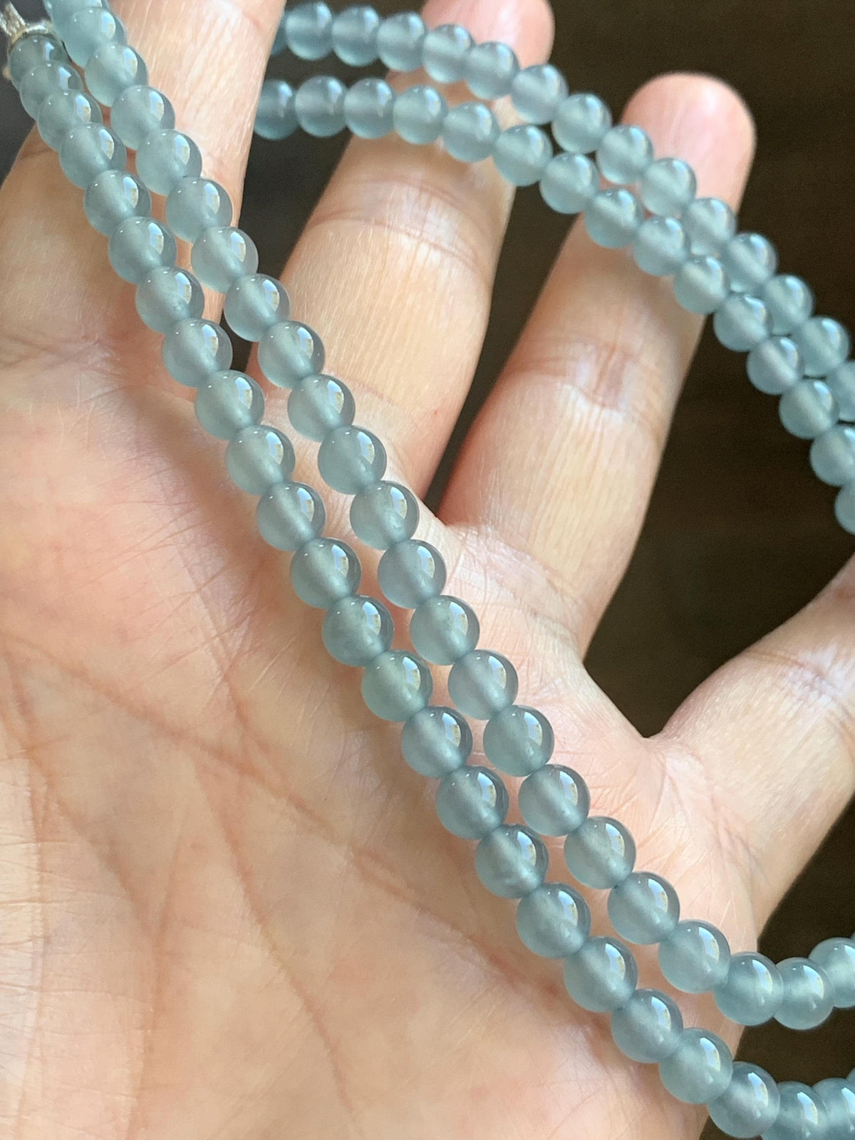 Certified Natural Grade A Guatemalan Premium Icy Pastel Dusty Blue Jade Jadeite Petite Beaded Necklace 5.4mm 22.5” 30g 天然冰胶起光危淡蓝翡翠小圆珠项链 974