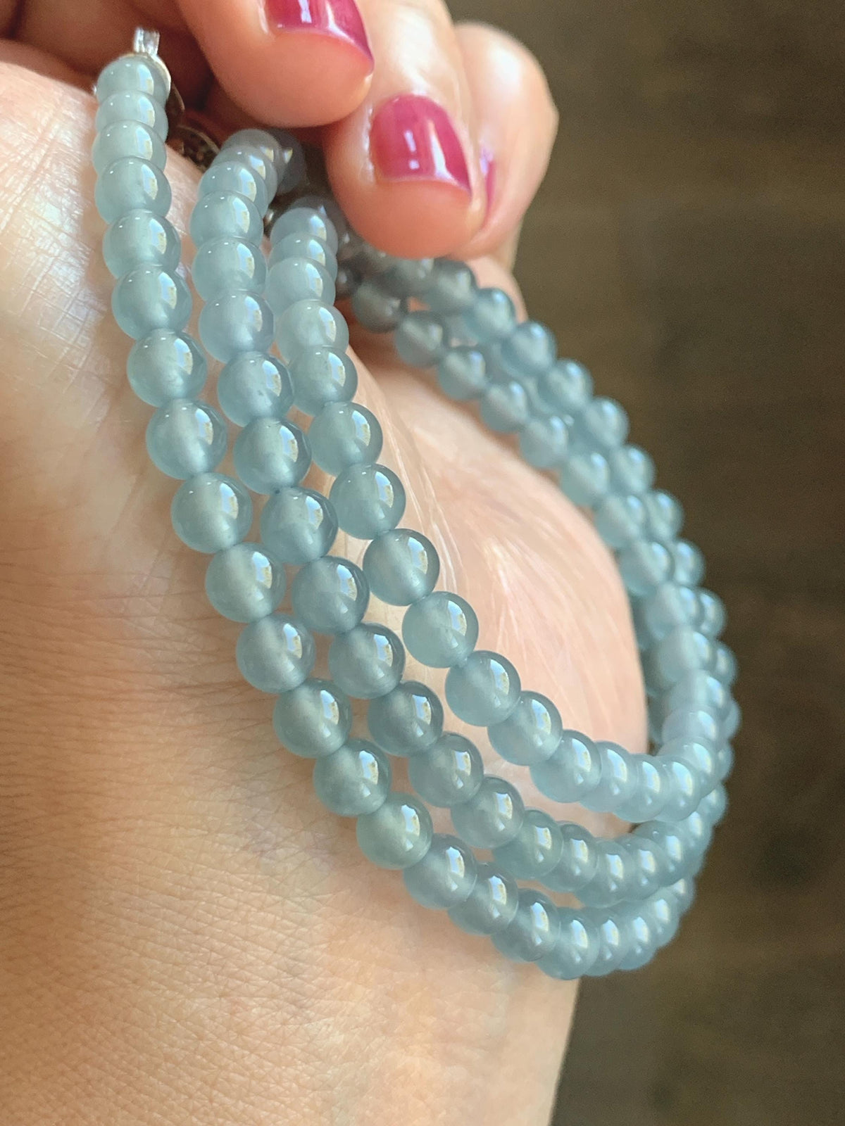 Certified Natural Grade A Guatemalan Premium Icy Pastel Dusty Blue Jade Jadeite Petite Beaded Necklace 5.4mm 22.5” 30g 天然冰胶起光危淡蓝翡翠小圆珠项链 974