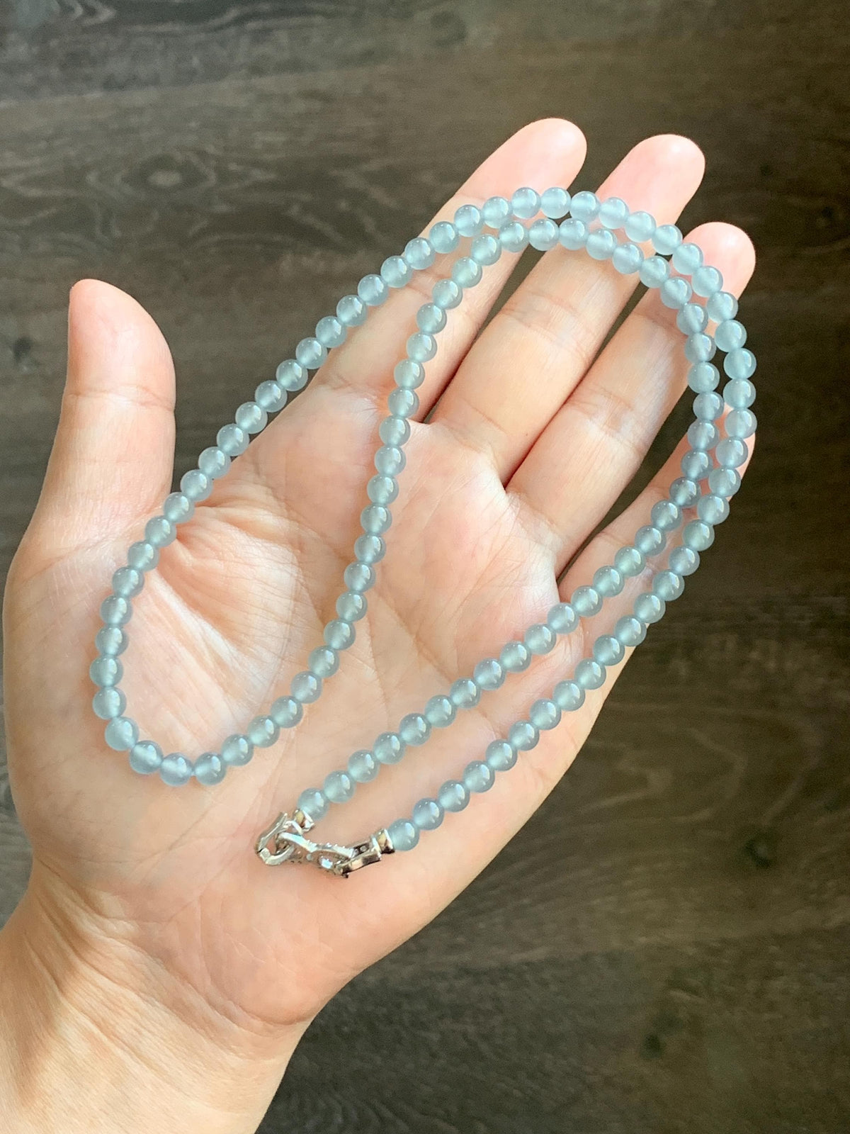 Certified Natural Grade A Guatemalan Premium Icy Pastel Dusty Blue Jade Jadeite Petite Beaded Necklace 5.4mm 22.5” 30g 天然冰胶起光危淡蓝翡翠小圆珠项链 974