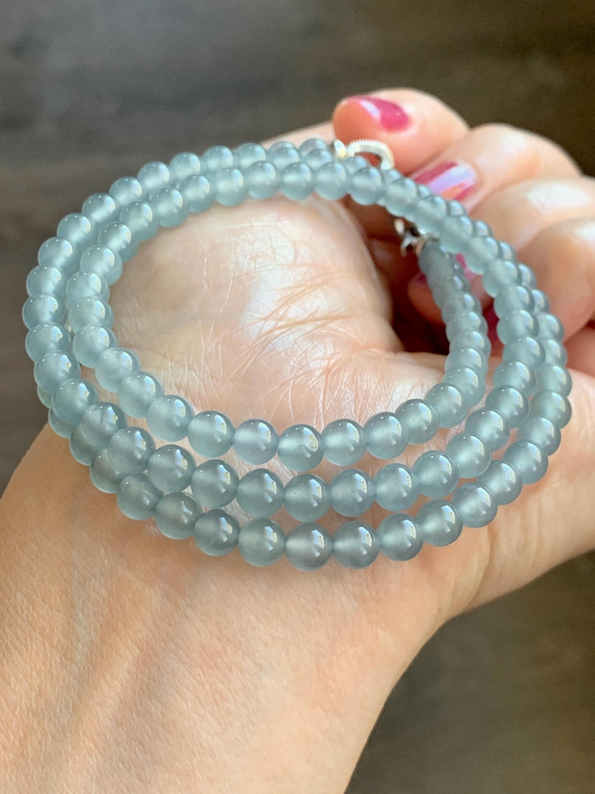 Certified Natural Grade A Guatemalan Premium Icy Pastel Dusty Blue Jade Jadeite Petite Beaded Necklace 5.4mm 22.5” 30g 天然冰胶起光危淡蓝翡翠小圆珠项链 974