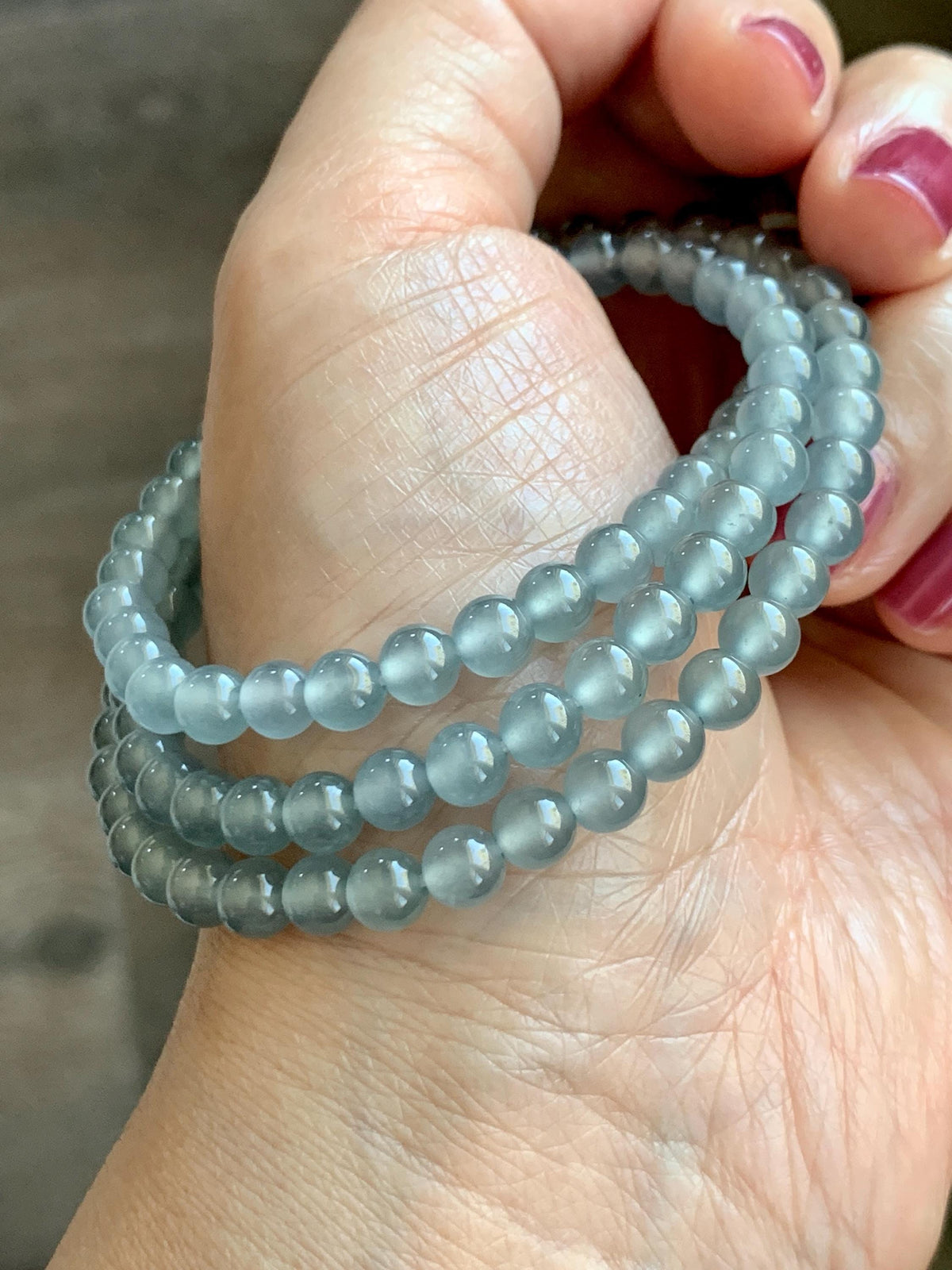 Certified Natural Grade A Guatemalan Premium Icy Pastel Dusty Blue Jade Jadeite Petite Beaded Necklace 5.4mm 22.5” 30g 天然冰胶起光危淡蓝翡翠小圆珠项链 974