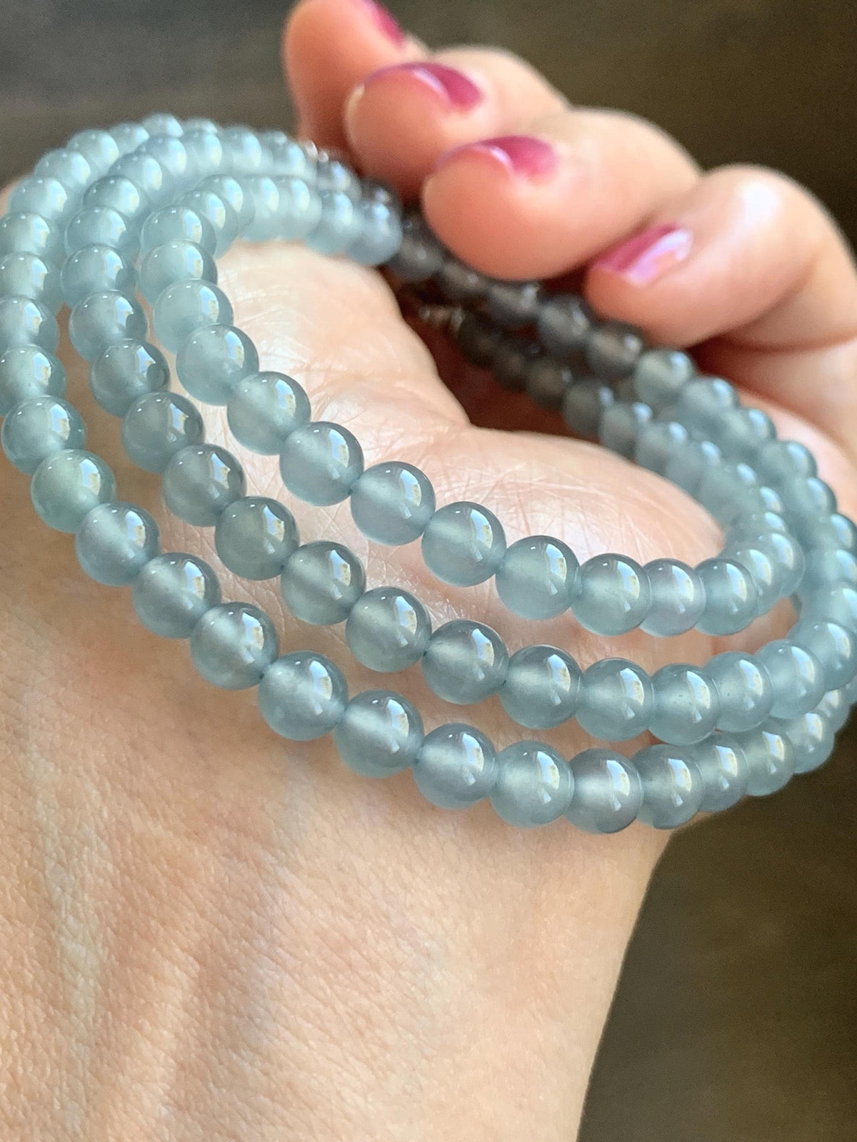 Certified Natural Grade A Guatemalan Premium Icy Pastel Dusty Blue Jade Jadeite Petite Beaded Necklace 5.4mm 22.5” 30g 天然冰胶起光危淡蓝翡翠小圆珠项链 974