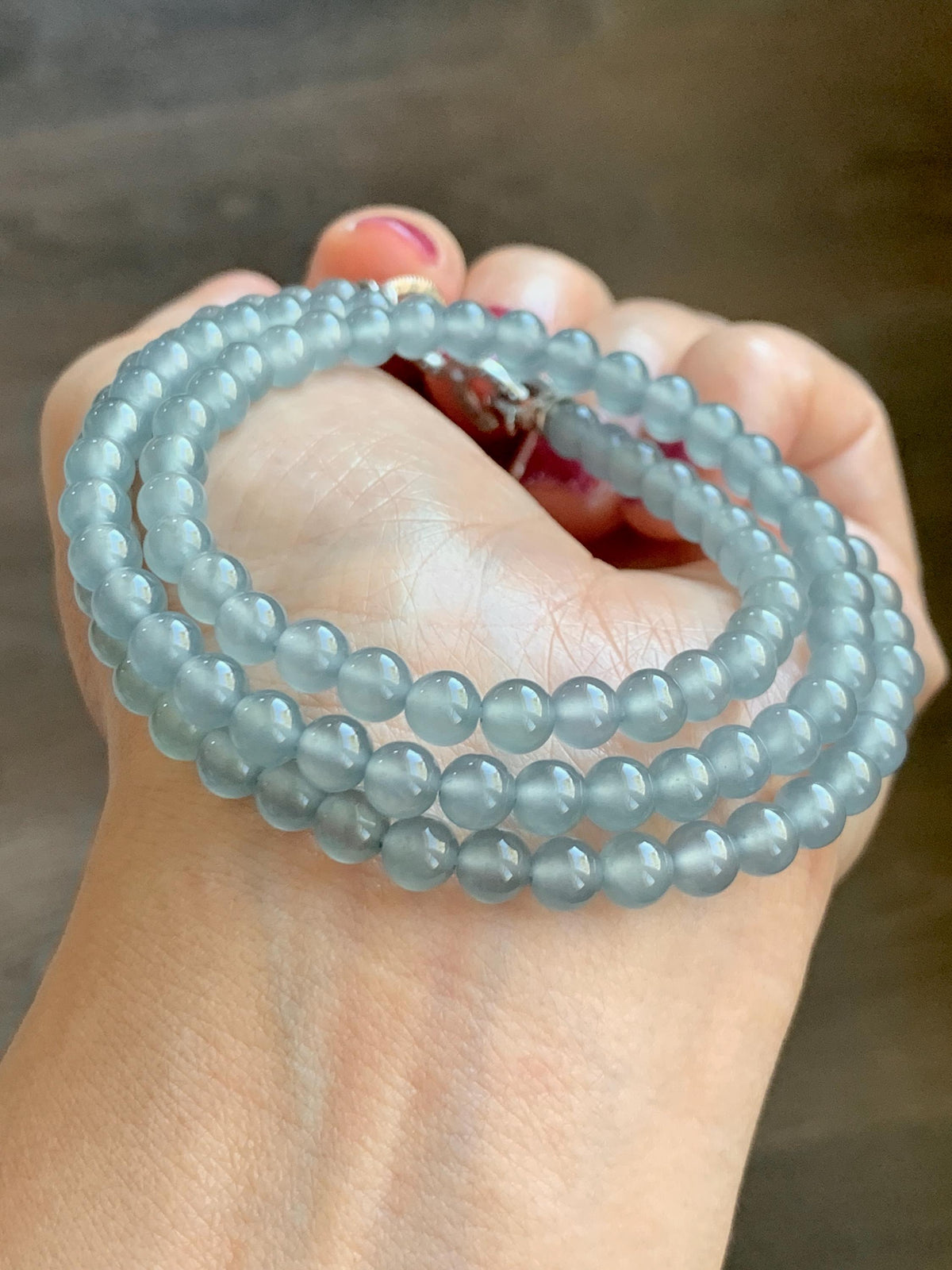 Certified Natural Grade A Guatemalan Premium Icy Pastel Dusty Blue Jade Jadeite Petite Beaded Necklace 5.4mm 22.5” 30g 天然冰胶起光危淡蓝翡翠小圆珠项链 974