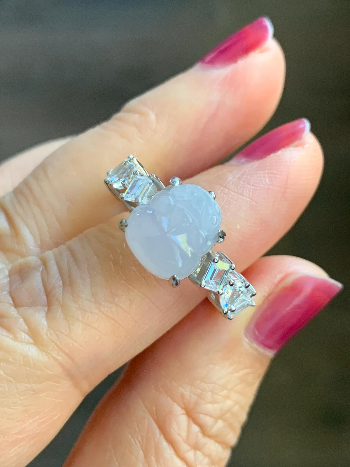 Certified Grade A Natural Icy Translucent Pale Purple Jade Jadeite Pixiu Ring Sterling Silver size 7.5 US 4.29g 天然冰胶浅紫底翡翠貔貅镶嵌戒指 1031
