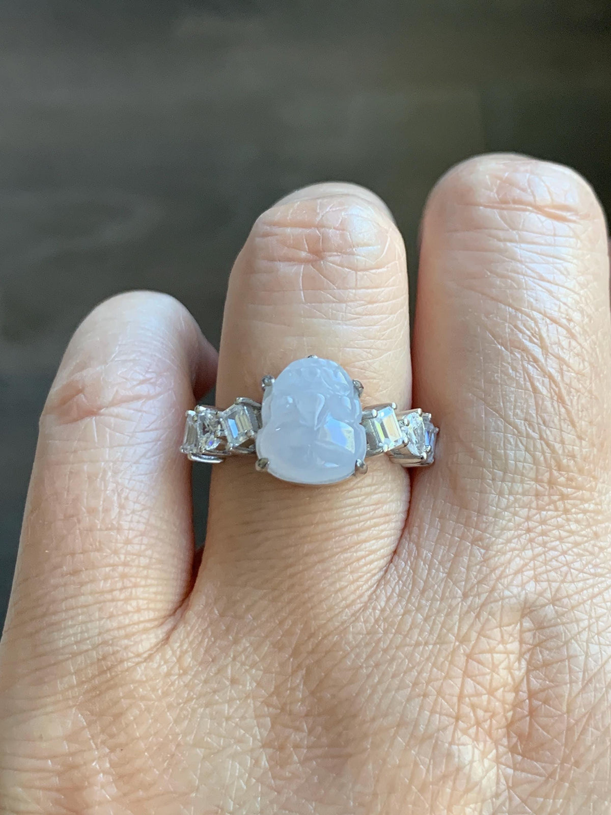 Certified Grade A Natural Icy Translucent Pale Purple Jade Jadeite Pixiu Ring Sterling Silver size 7.5 US 4.29g 天然冰胶浅紫底翡翠貔貅镶嵌戒指 1031