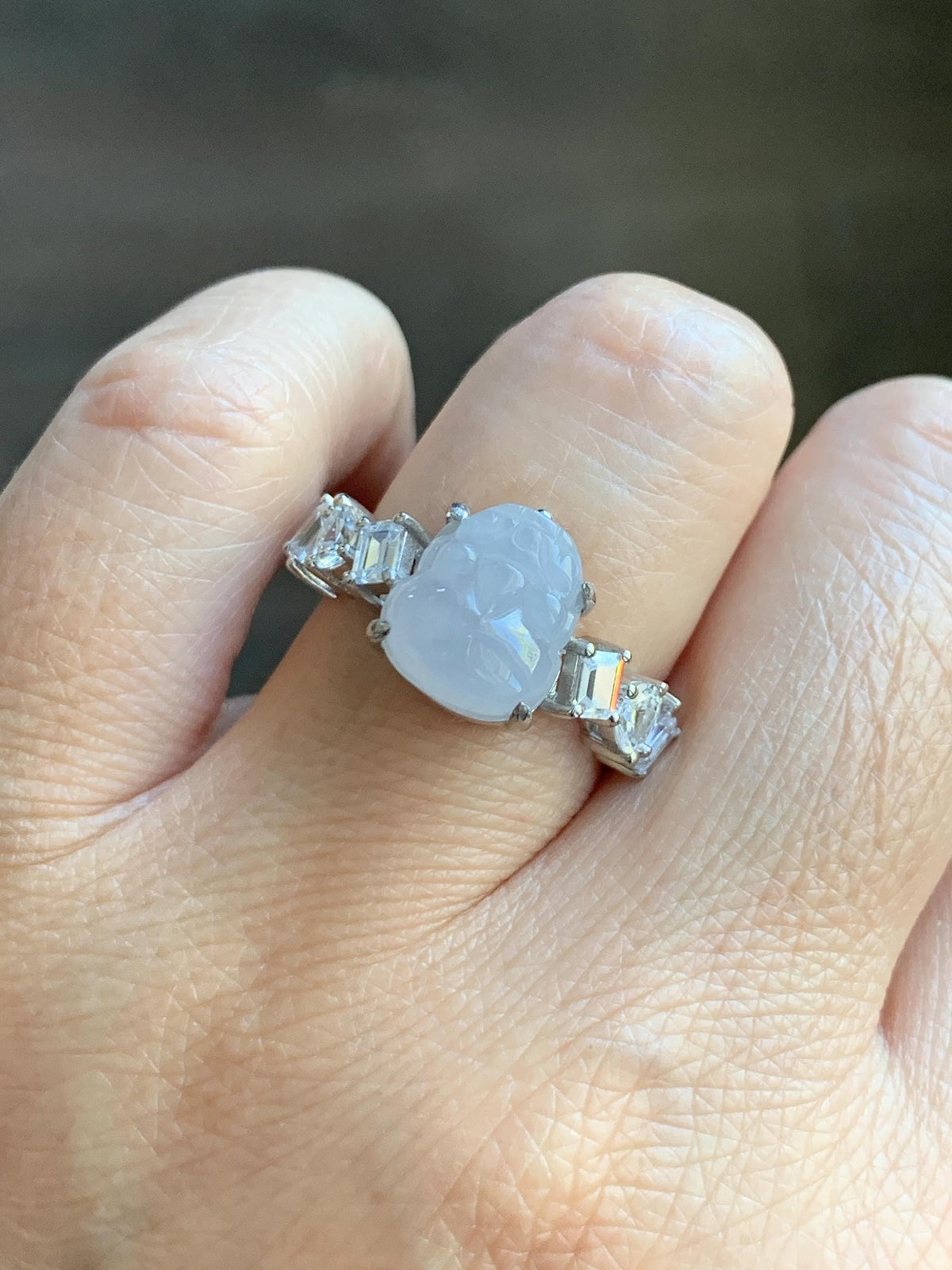 Certified Grade A Natural Icy Translucent Pale Purple Jade Jadeite Pixiu Ring Sterling Silver size 7.5 US 4.29g 天然冰胶浅紫底翡翠貔貅镶嵌戒指 1031