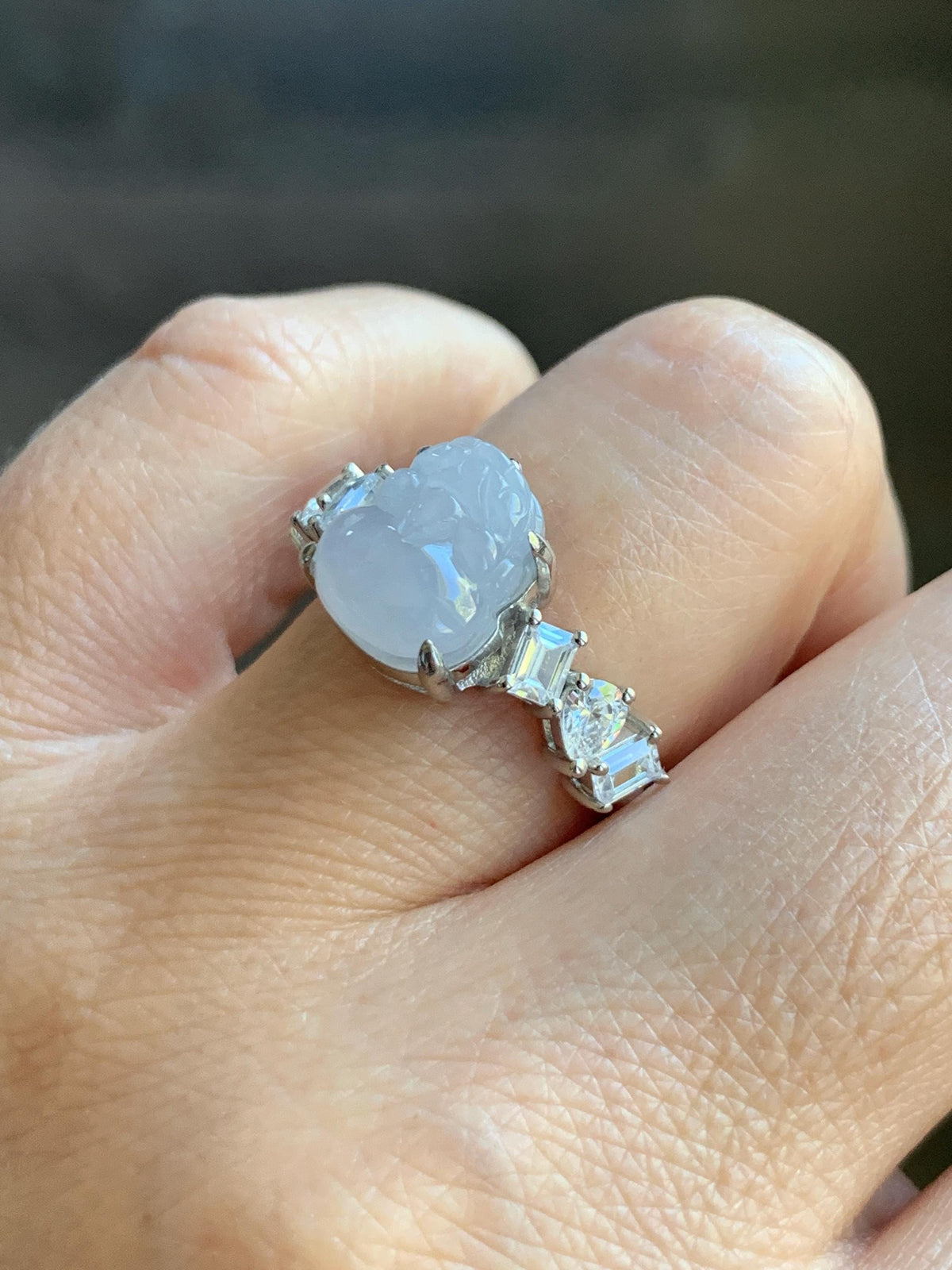 Certified Grade A Natural Icy Translucent Pale Purple Jade Jadeite Pixiu Ring Sterling Silver size 7.5 US 4.29g 天然冰胶浅紫底翡翠貔貅镶嵌戒指 1031