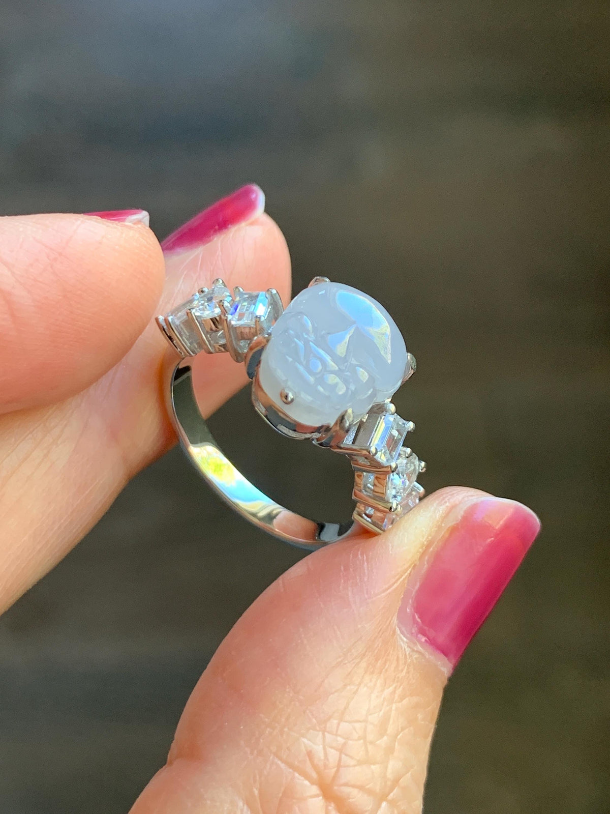 Certified Grade A Natural Icy Translucent Pale Purple Jade Jadeite Pixiu Ring Sterling Silver size 7.5 US 4.29g 天然冰胶浅紫底翡翠貔貅镶嵌戒指 1031