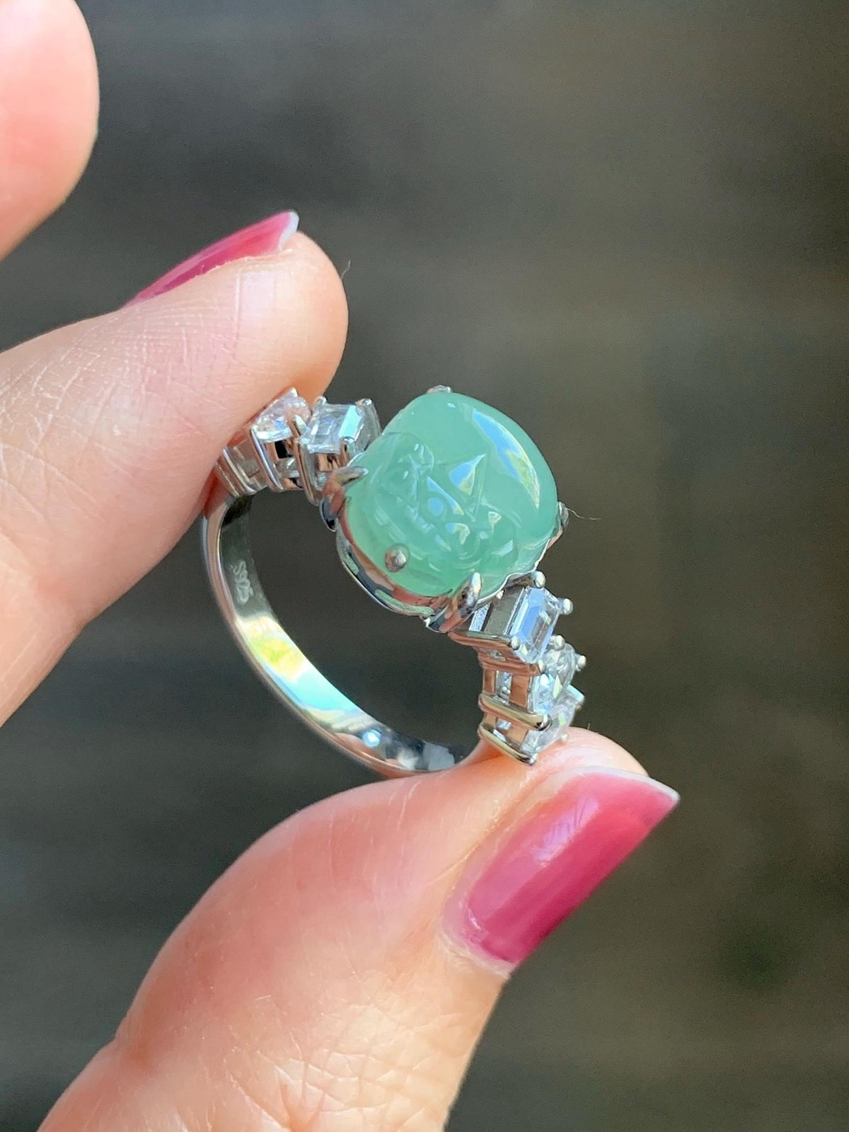 Certified Grade A Natural Icy Translucent Light Green Jade Jadeite Pixiu Ring Sterling Silver size 8 US 4.37g 天然冰胶晴色翡翠貔貅镶嵌戒指 1036