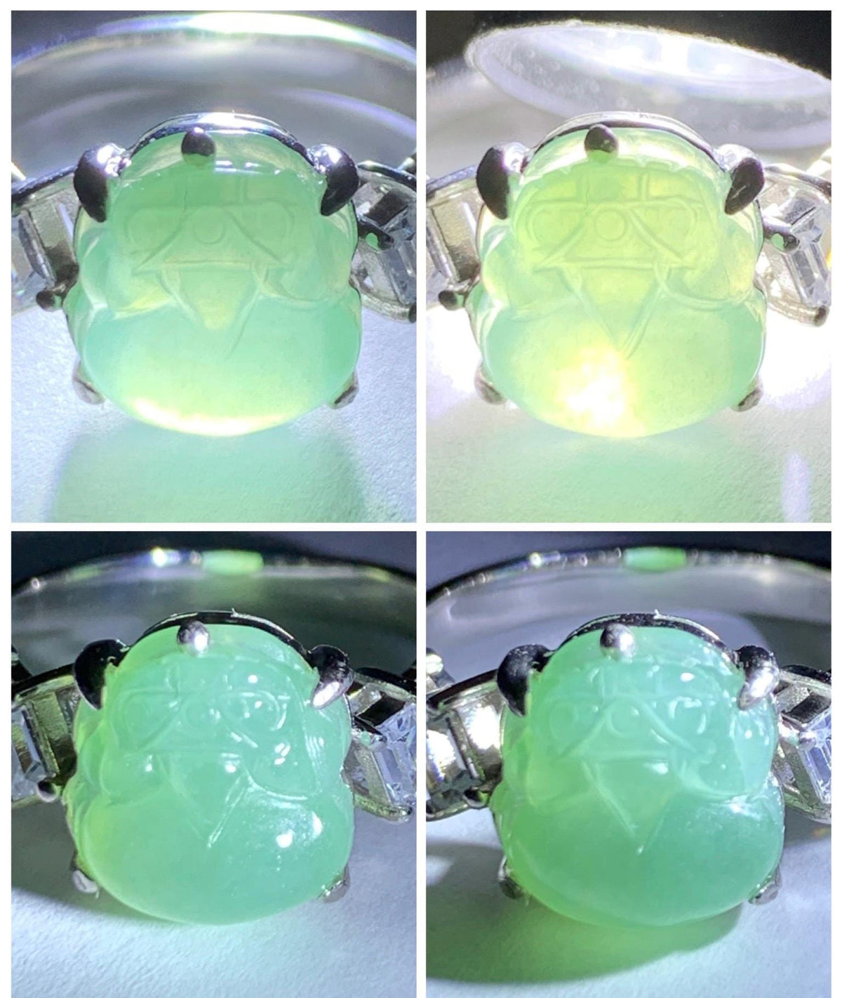 Certified Grade A Natural Icy Translucent Light Green Jade Jadeite Pixiu Ring Sterling Silver size 8 US 4.37g 天然冰胶晴色翡翠貔貅镶嵌戒指 1036
