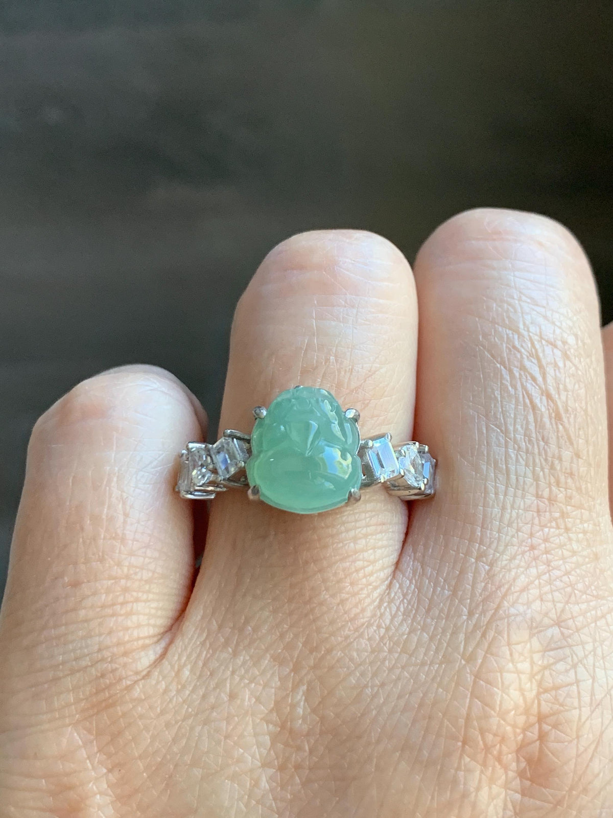 Certified Grade A Natural Icy Translucent Light Green Jade Jadeite Pixiu Ring Sterling Silver size 8 US 4.37g 天然冰胶晴色翡翠貔貅镶嵌戒指 1036