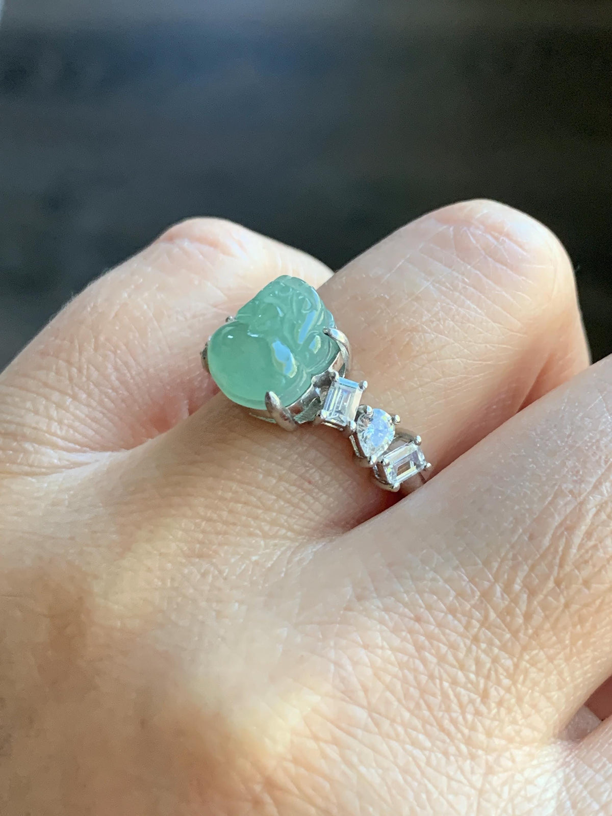 Certified Grade A Natural Icy Translucent Light Green Jade Jadeite Pixiu Ring Sterling Silver size 8 US 4.37g 天然冰胶晴色翡翠貔貅镶嵌戒指 1036