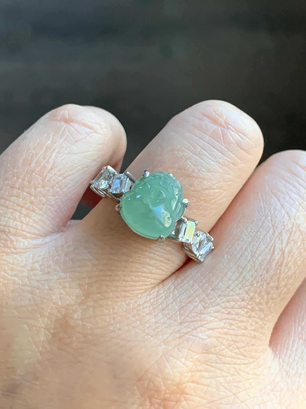 Certified Grade A Natural Icy Translucent Light Green Jade Jadeite Pixiu Ring Sterling Silver size 8 US 4.37g 天然冰胶晴色翡翠貔貅镶嵌戒指 1036