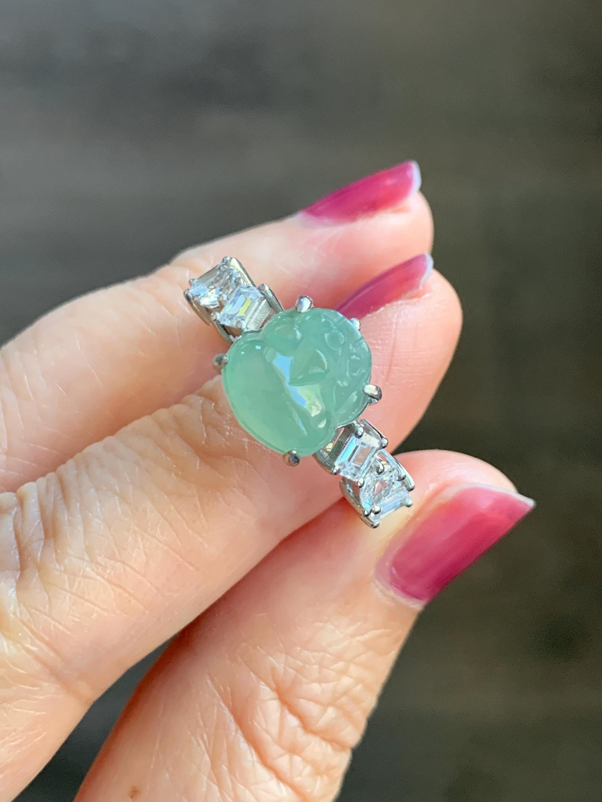 Certified Grade A Natural Icy Translucent Light Green Jade Jadeite Pixiu Ring Sterling Silver size 8 US 4.37g 天然冰胶晴色翡翠貔貅镶嵌戒指 1036