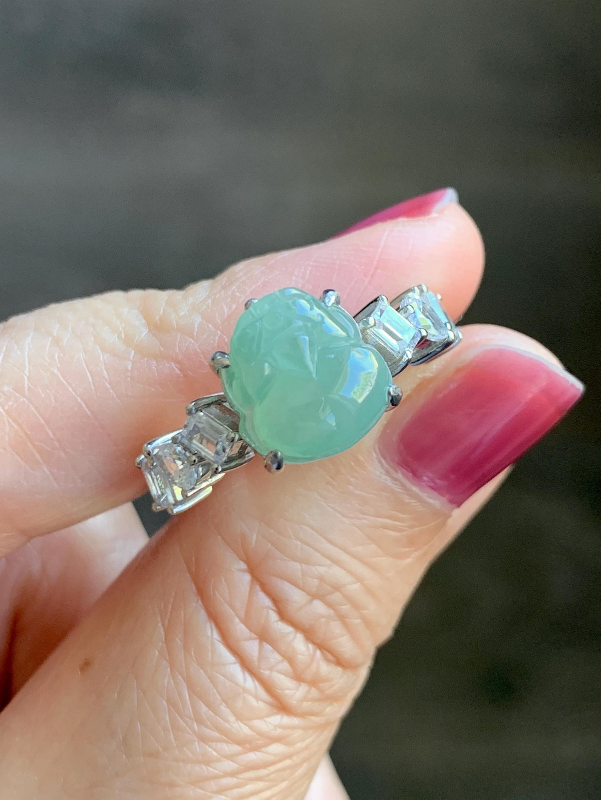 Certified Grade A Natural Icy Translucent Light Green Jade Jadeite Pixiu Ring Sterling Silver size 8 US 4.37g 天然冰胶晴色翡翠貔貅镶嵌戒指 1036