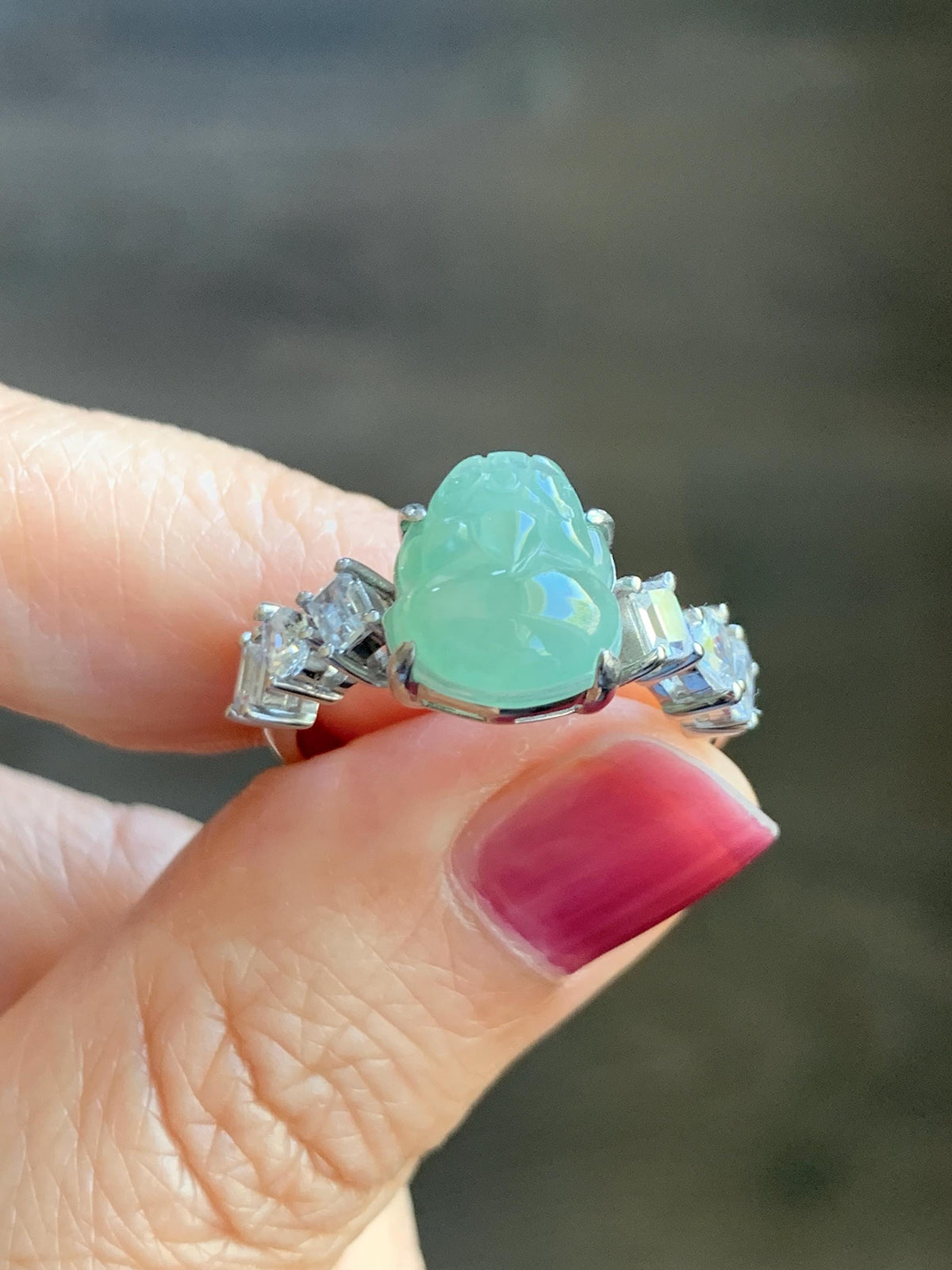 Certified Grade A Natural Icy Translucent Light Green Jade Jadeite Pixiu Ring Sterling Silver size 8 US 4.37g 天然冰胶晴色翡翠貔貅镶嵌戒指 1036