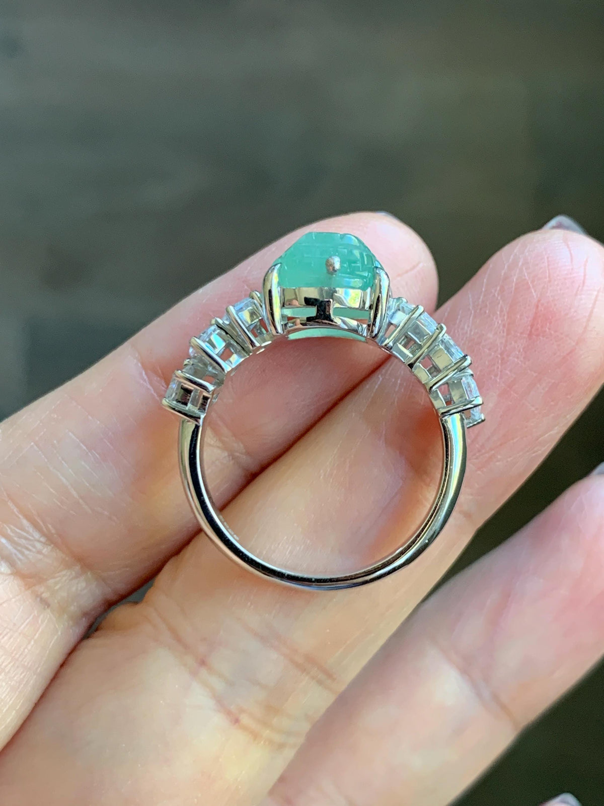 Certified Grade A Natural Icy Translucent Light Green Jade Jadeite Pixiu Ring Sterling Silver size 8 US 4.37g 天然冰胶晴色翡翠貔貅镶嵌戒指 1036