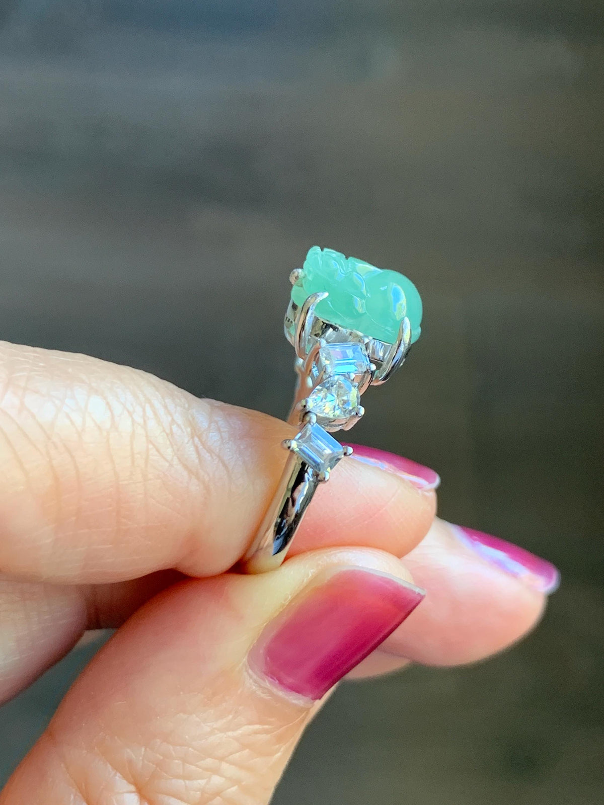 Certified Grade A Natural Icy Translucent Light Green Jade Jadeite Pixiu Ring Sterling Silver size 8 US 4.37g 天然冰胶晴色翡翠貔貅镶嵌戒指 1036