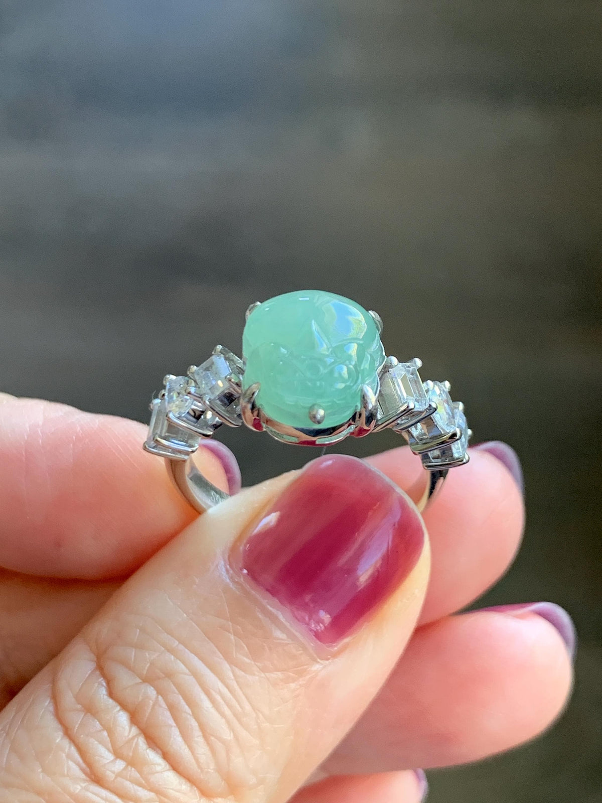 Certified Grade A Natural Icy Translucent Light Green Jade Jadeite Pixiu Ring Sterling Silver size 8 US 4.37g 天然冰胶晴色翡翠貔貅镶嵌戒指 1036