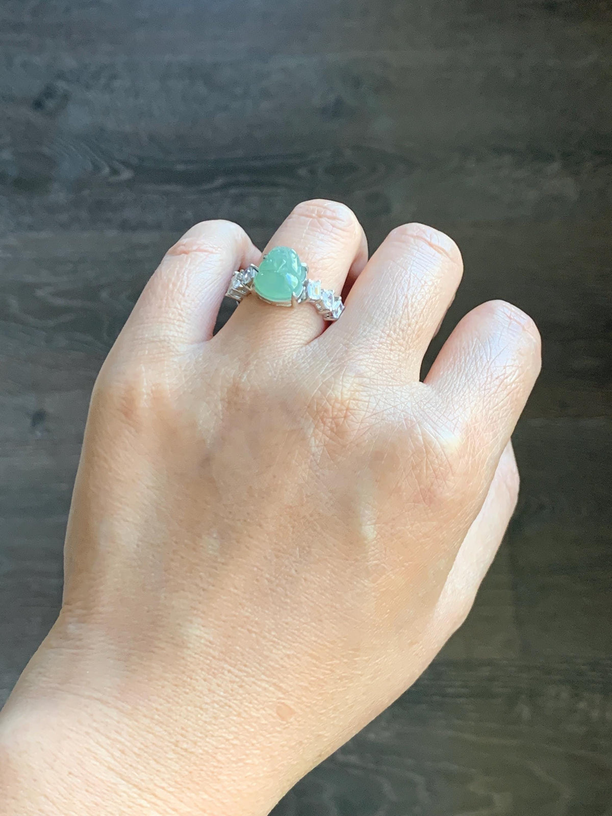 Certified Grade A Natural Icy Translucent Light Green Jade Jadeite Pixiu Ring Sterling Silver size 8 US 4.37g 天然冰胶晴色翡翠貔貅镶嵌戒指 1036