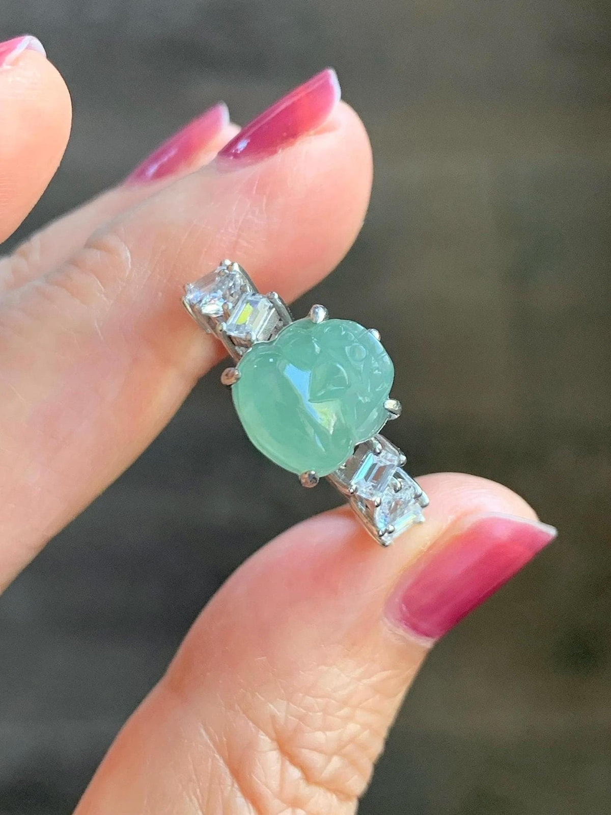 Certified Grade A Natural Icy Translucent Light Green Jade Jadeite Pixiu Ring Sterling Silver size 8 US 4.37g 天然冰胶晴色翡翠貔貅镶嵌戒指 1036