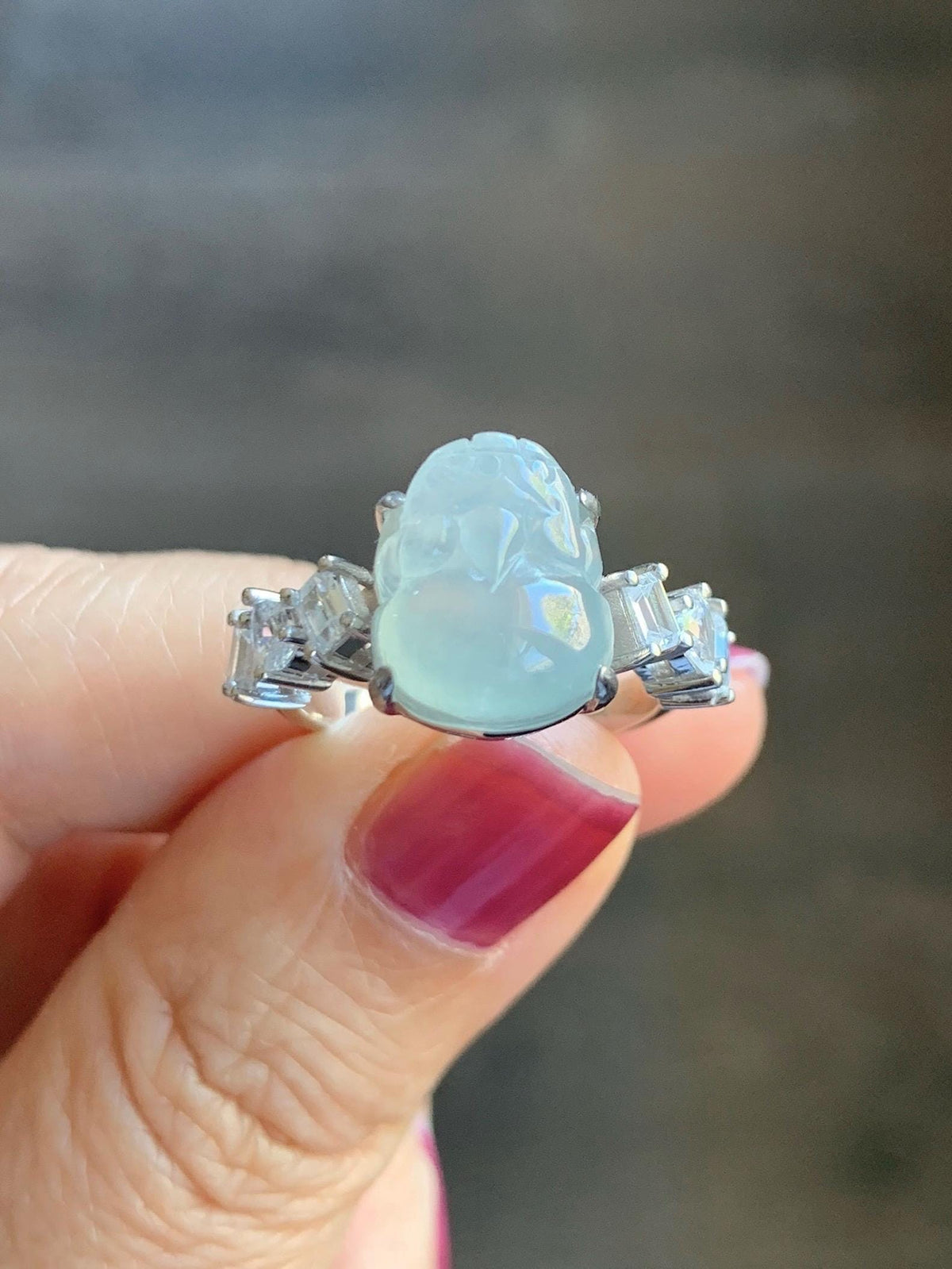 Certified Grade A Natural Icy Translucent White Jade Jadeite Pixiu Ring Sterling Silver size 6.75 US 4.65g 天然冰胶白晴底翡翠貔貅镶嵌戒指 1032