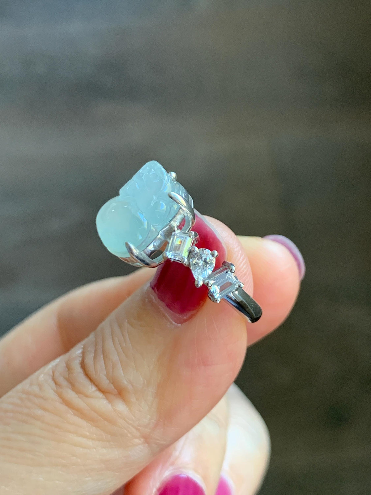 Certified Grade A Natural Icy Translucent White Jade Jadeite Pixiu Ring Sterling Silver size 6.75 US 4.65g 天然冰胶白晴底翡翠貔貅镶嵌戒指 1032