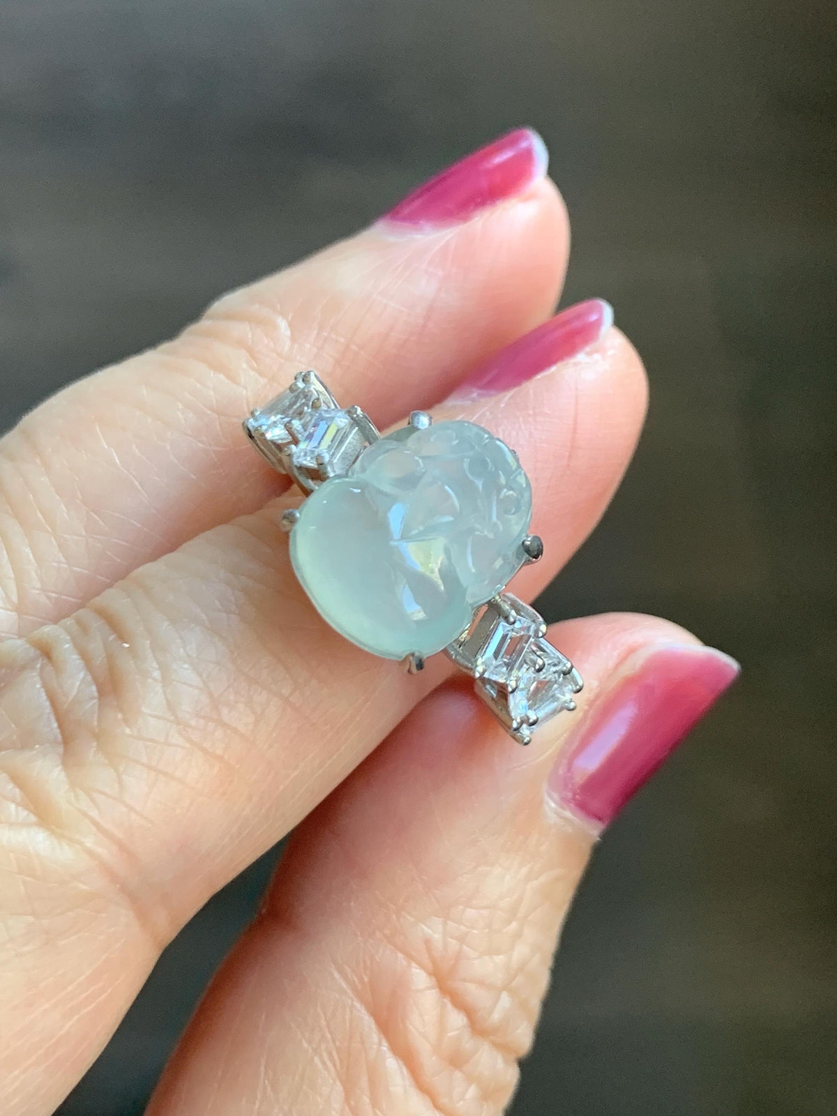 Certified Grade A Natural Icy Translucent White Jade Jadeite Pixiu Ring Sterling Silver size 6.75 US 4.65g 天然冰胶白晴底翡翠貔貅镶嵌戒指 1032