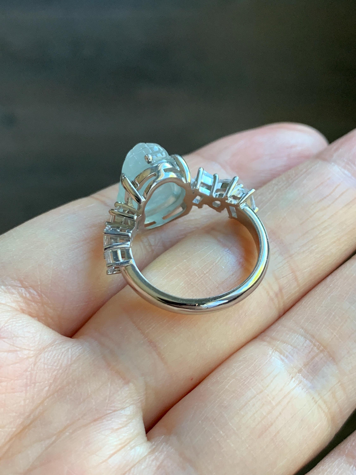 Certified Grade A Natural Icy Translucent White Jade Jadeite Pixiu Ring Sterling Silver size 6.75 US 4.65g 天然冰胶白晴底翡翠貔貅镶嵌戒指 1032