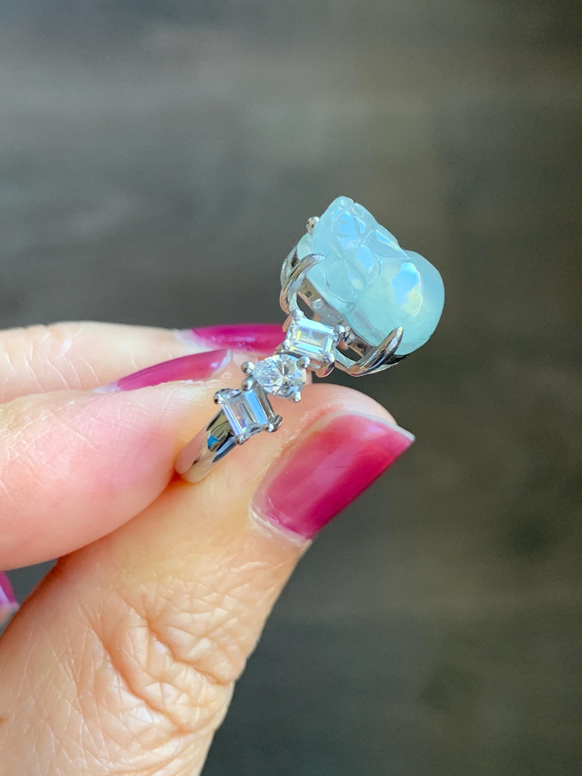 Certified Grade A Natural Icy Translucent White Jade Jadeite Pixiu Ring Sterling Silver size 6.75 US 4.65g 天然冰胶白晴底翡翠貔貅镶嵌戒指 1032